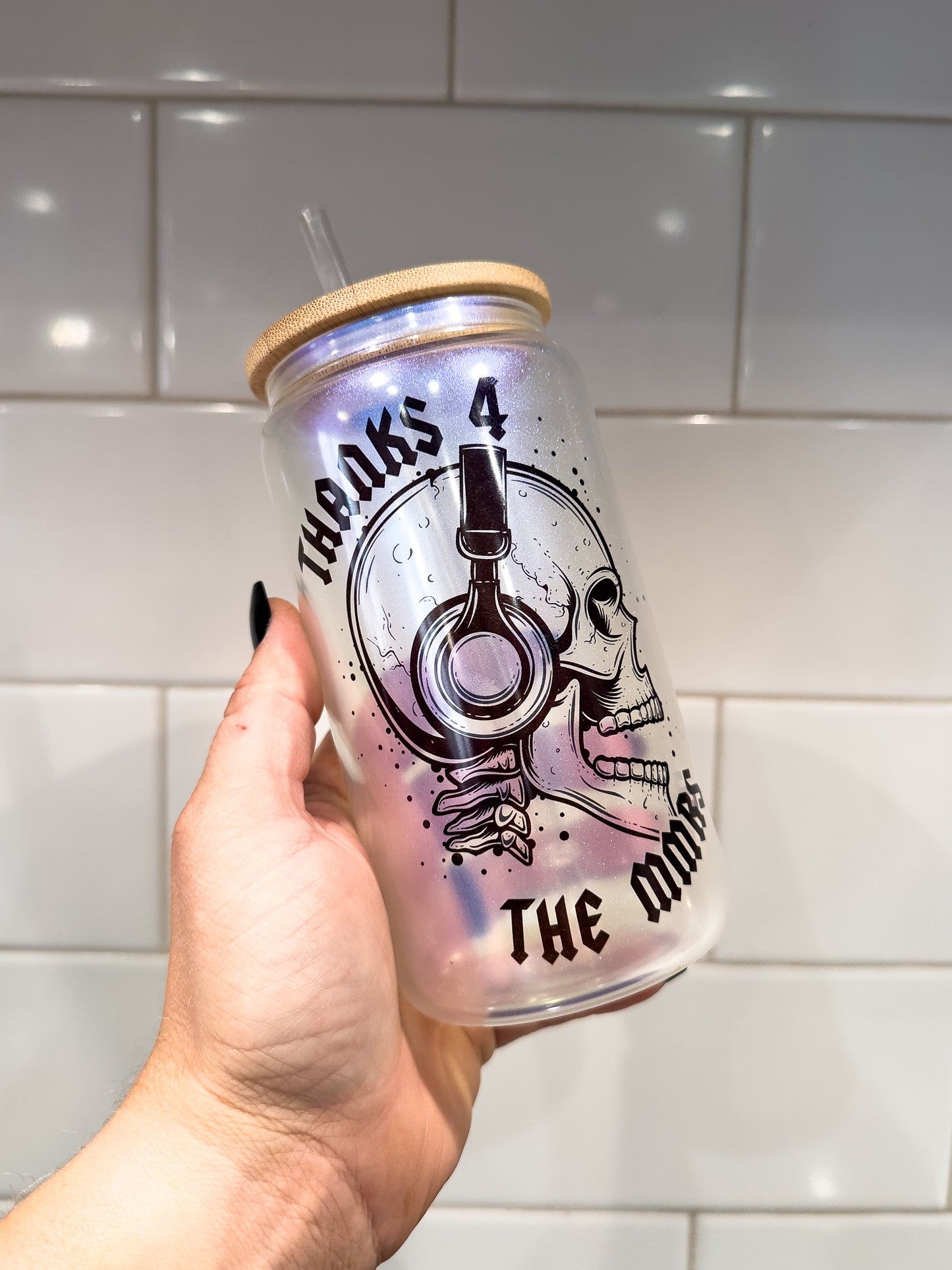 Thanks 4 the MMRS | Skull | 16 oz Can Glass with Bamboo Lid | Blue Iridescent | Glass Drinkware