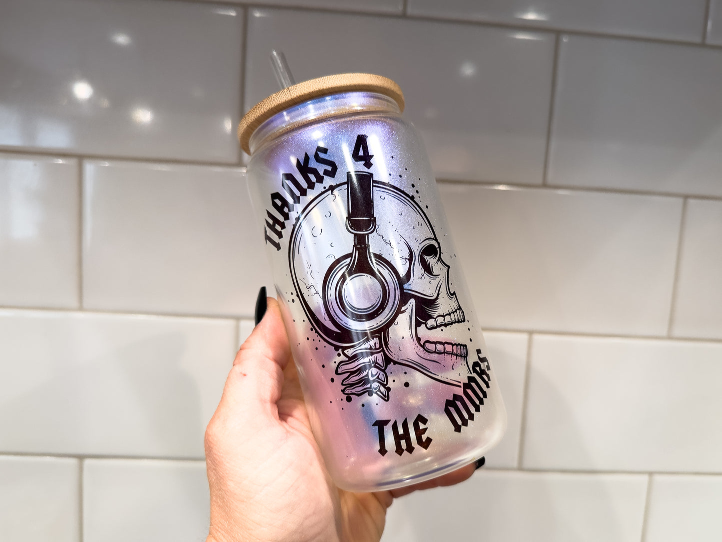 Thanks 4 the MMRS | Skull | 16 oz Can Glass with Bamboo Lid | Blue Iridescent | Glass Drinkware