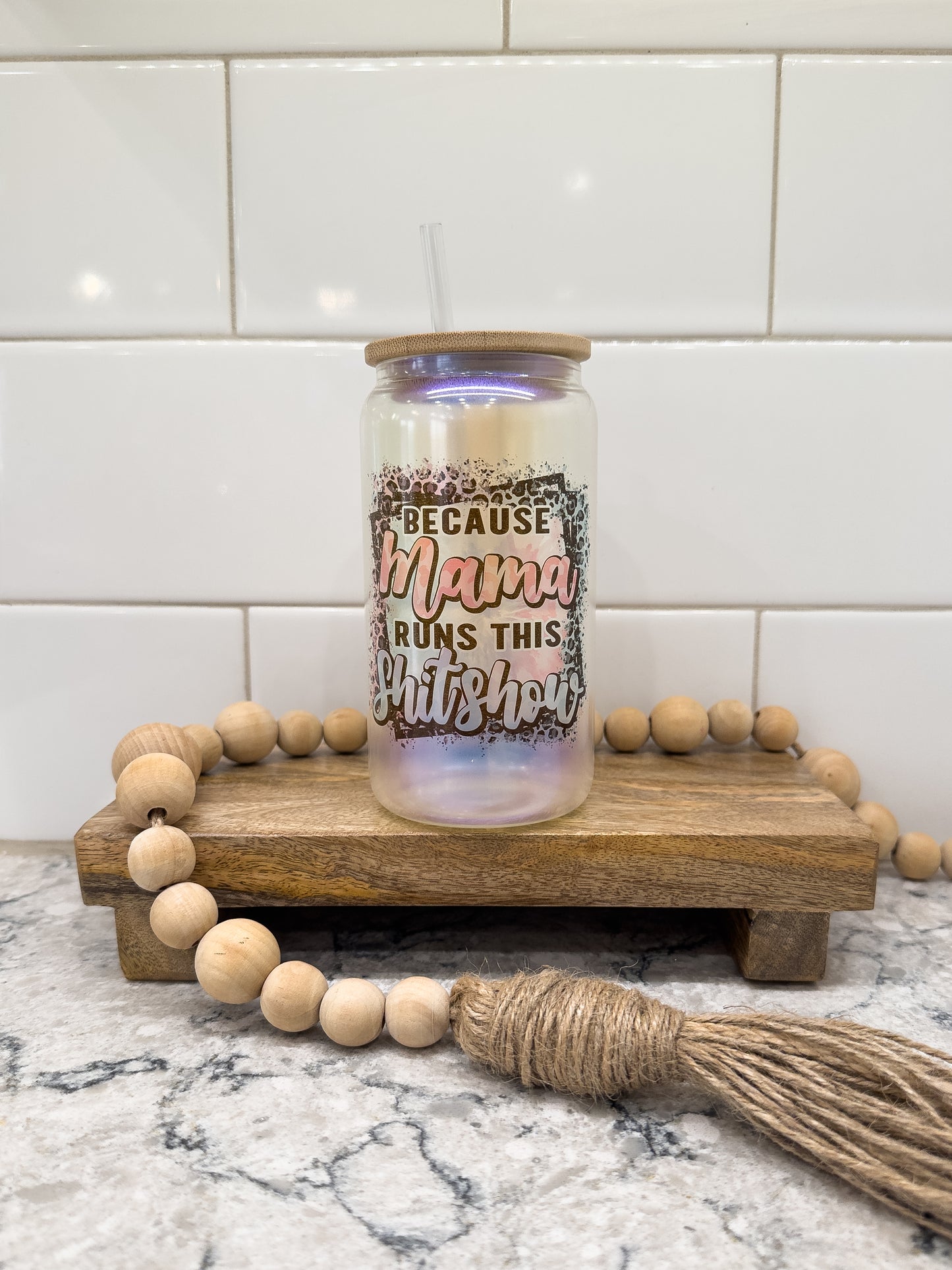 Because Mama Runs This Shit Show | 16 oz Can Glass with Bamboo Lid | Blue Iridescent | Glass Drinkware