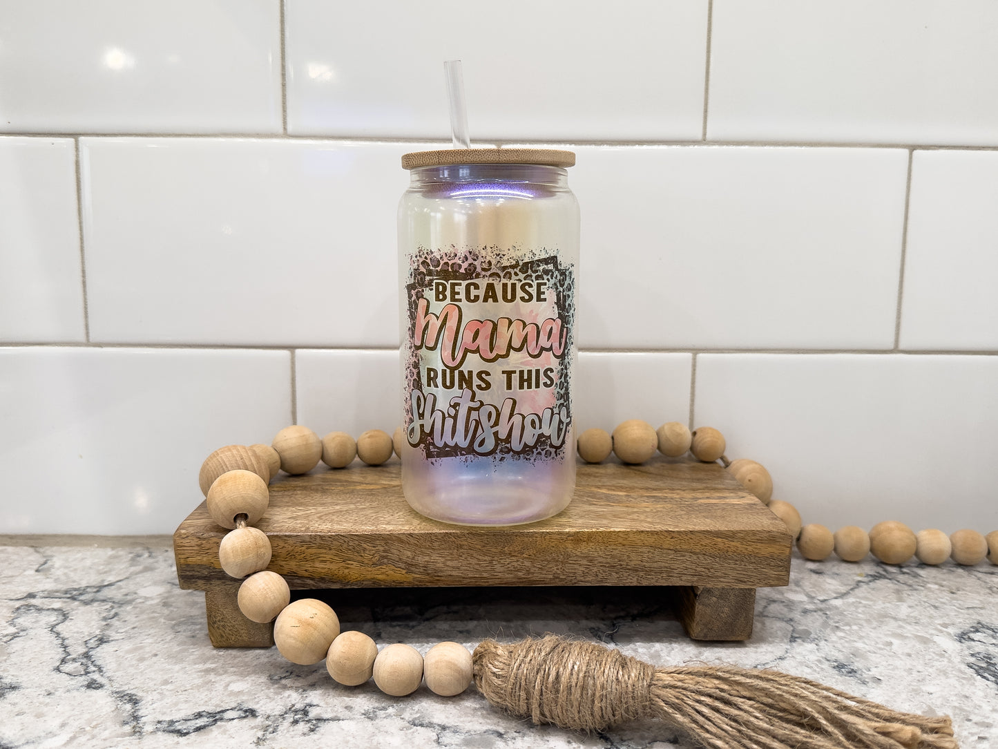 Because Mama Runs This Shit Show | 16 oz Can Glass with Bamboo Lid | Blue Iridescent | Glass Drinkware