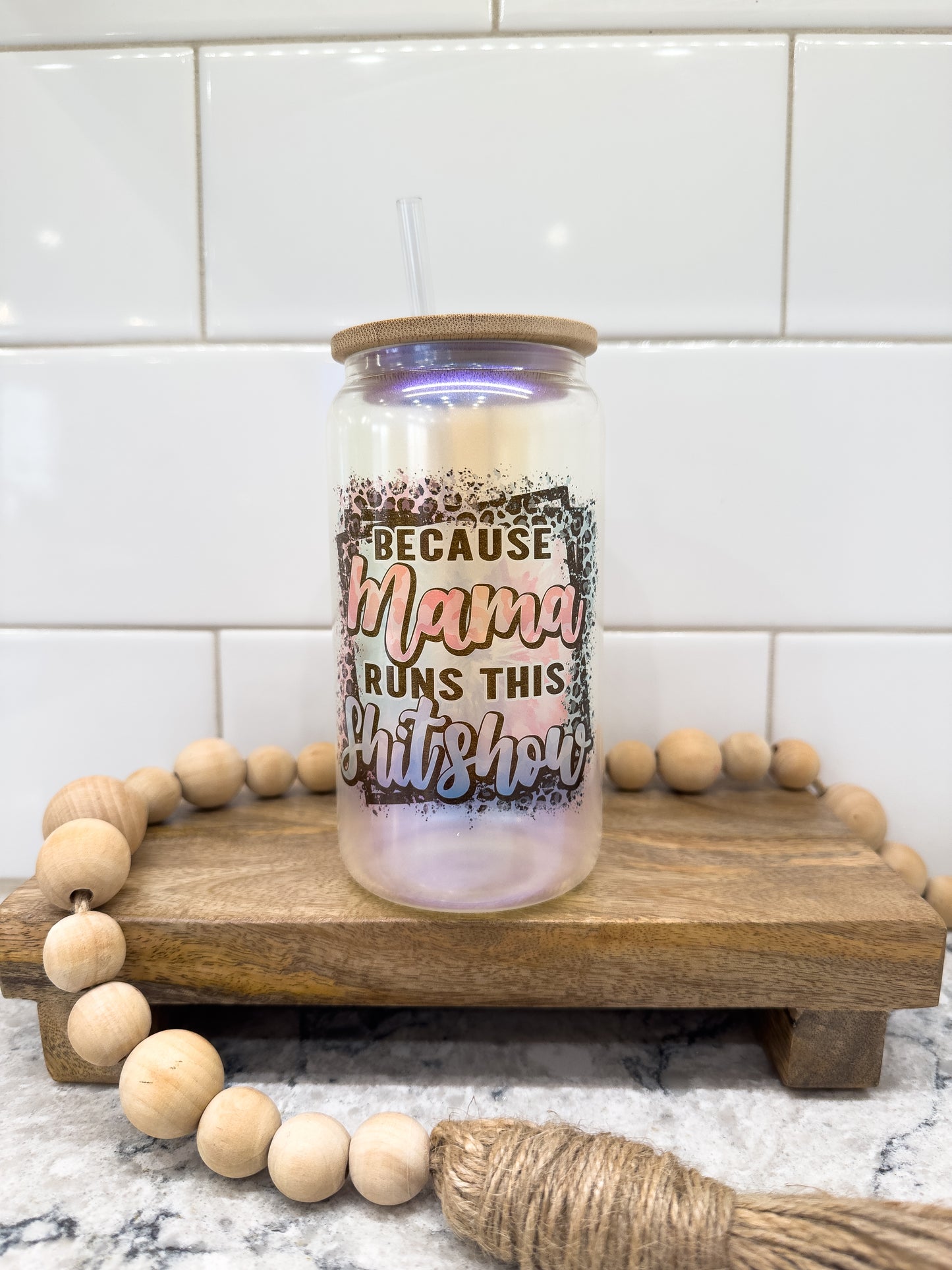 Because Mama Runs This Shit Show | 16 oz Can Glass with Bamboo Lid | Blue Iridescent | Glass Drinkware