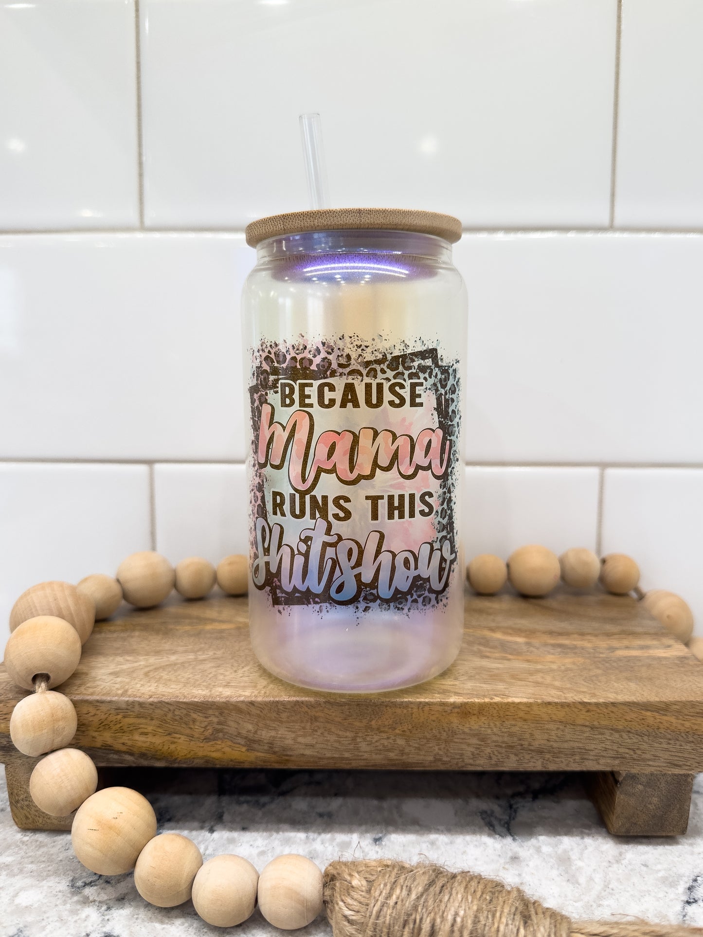 Because Mama Runs This Shit Show | 16 oz Can Glass with Bamboo Lid | Blue Iridescent | Glass Drinkware