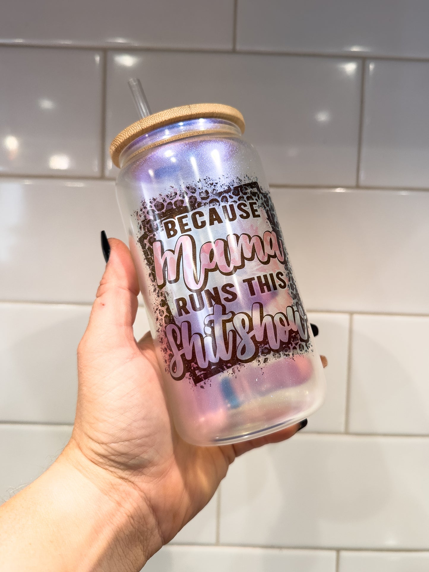 Because Mama Runs This Shit Show | 16 oz Can Glass with Bamboo Lid | Blue Iridescent | Glass Drinkware