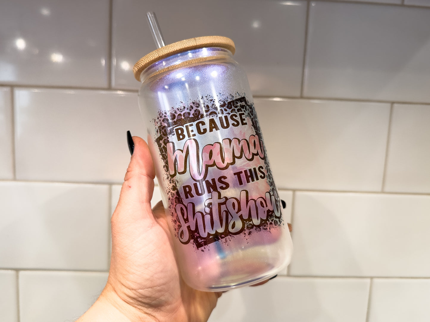 Because Mama Runs This Shit Show | 16 oz Can Glass with Bamboo Lid | Blue Iridescent | Glass Drinkware