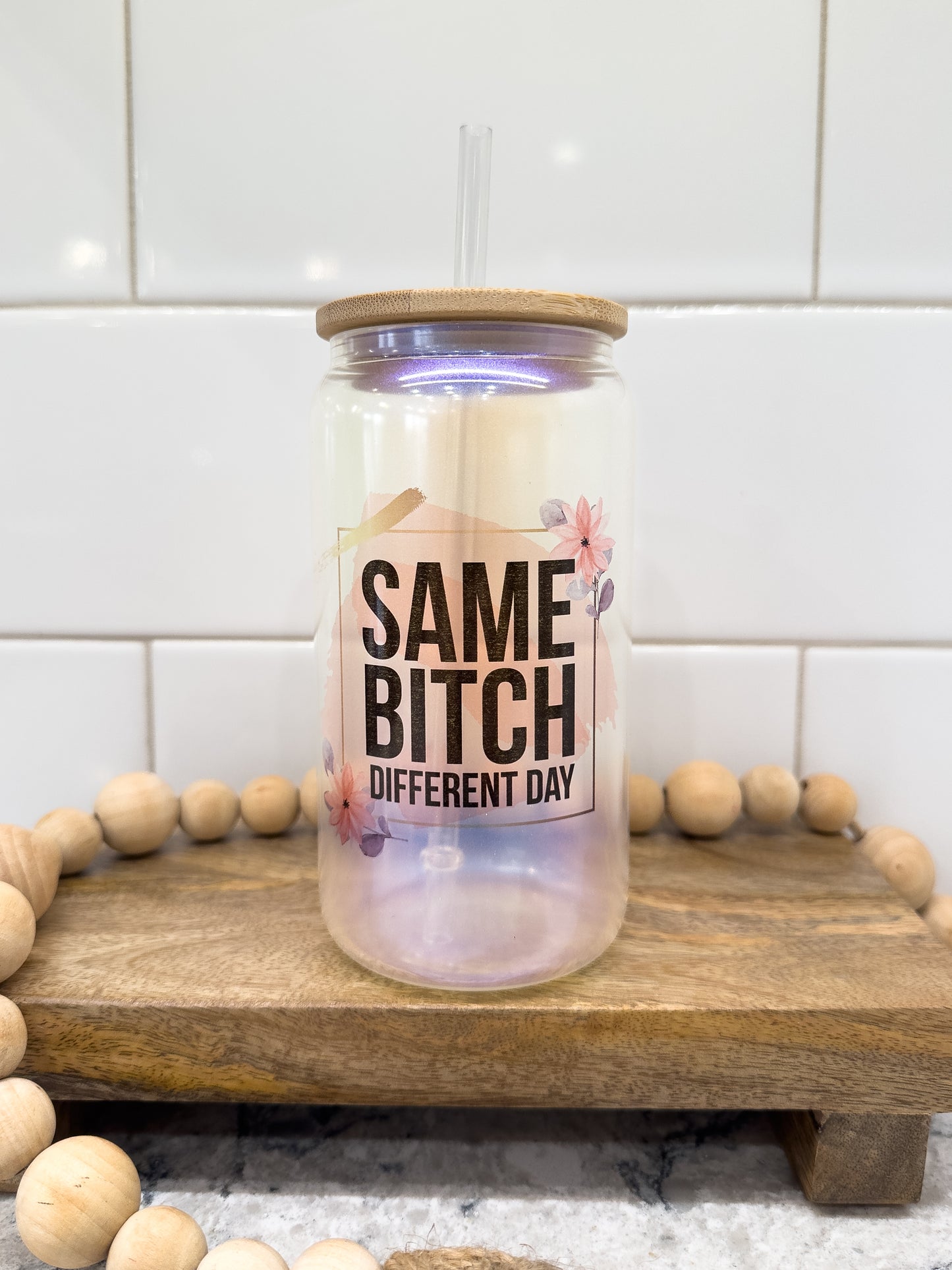 Same Bitch Different Day | 16 oz Can Glass with Bamboo Lid | Blue Iridescent | Glass Drinkware