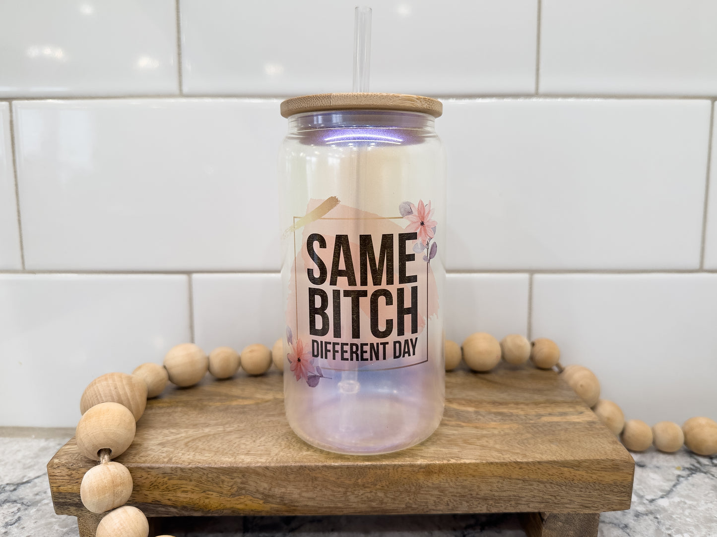 Same Bitch Different Day | 16 oz Can Glass with Bamboo Lid | Blue Iridescent | Glass Drinkware