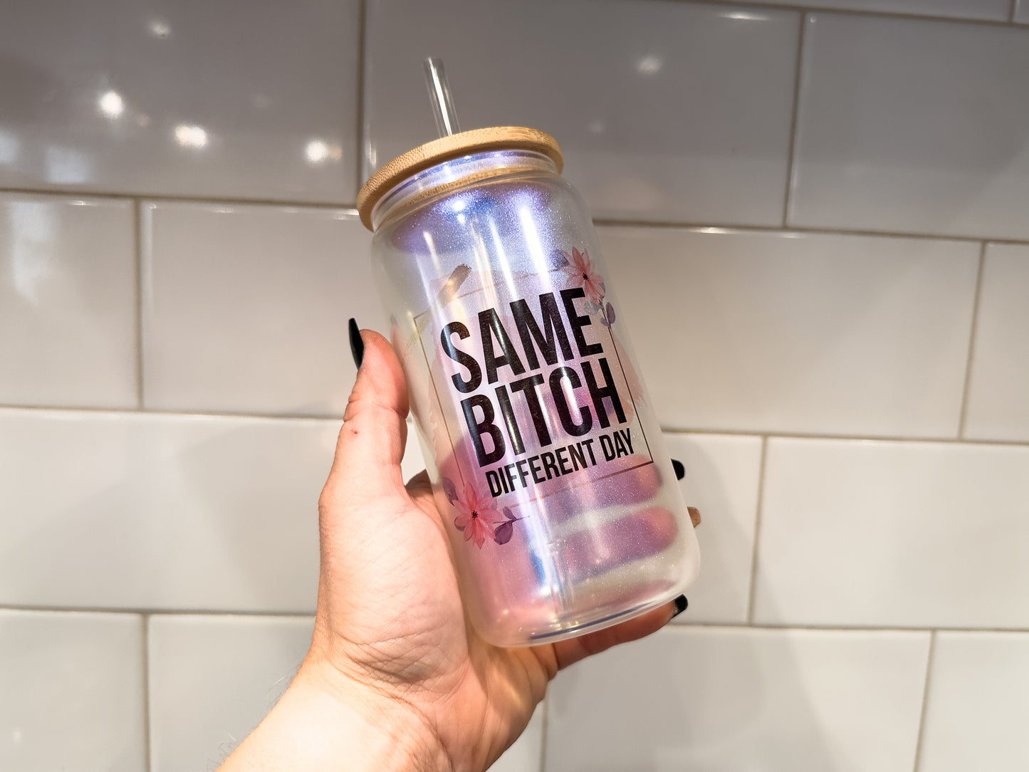 Same Bitch Different Day | 16 oz Can Glass with Bamboo Lid | Blue Iridescent | Glass Drinkware