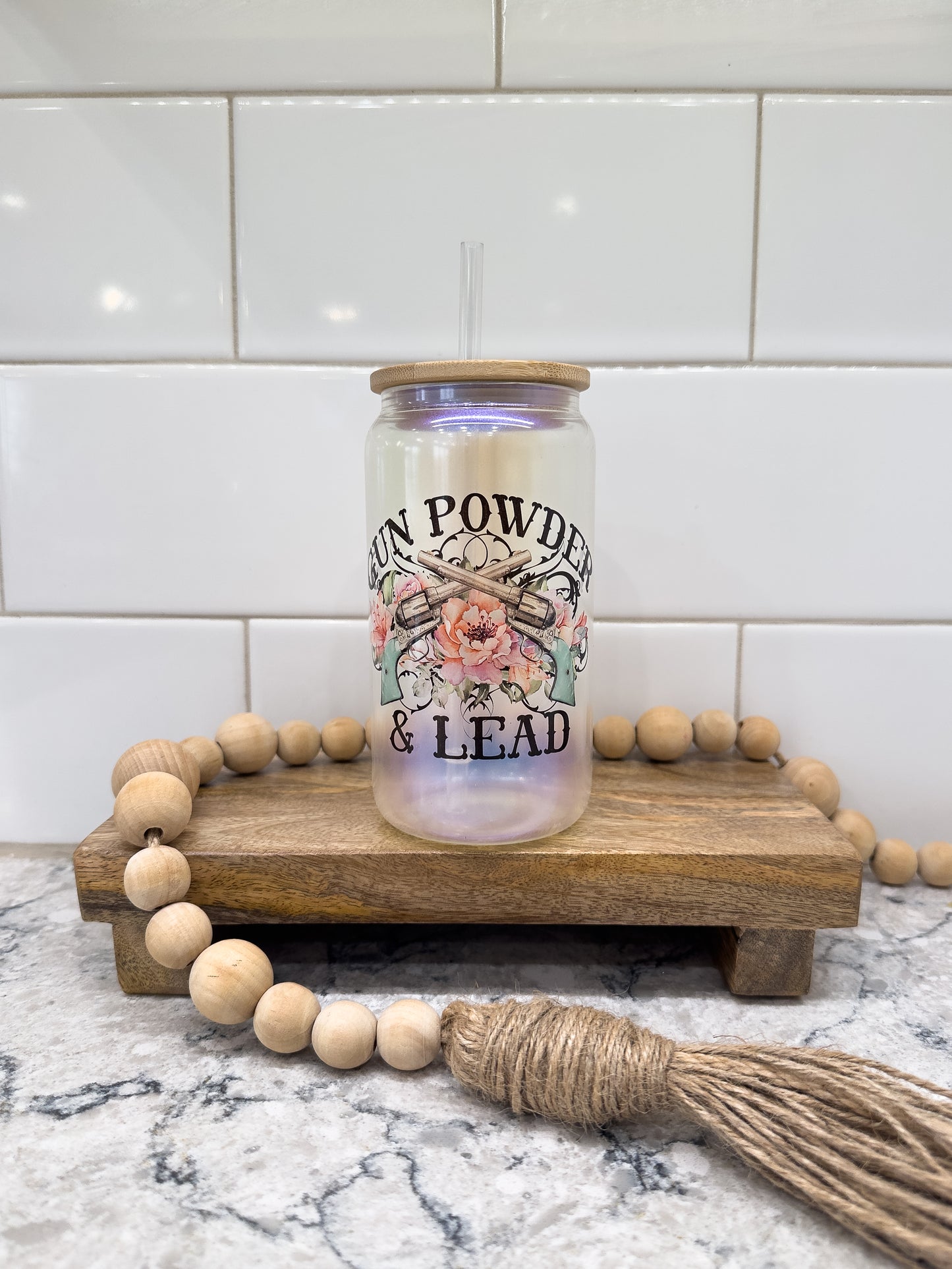 Gun Powder & Lead | 16 oz Can Glass with Bamboo Lid | Blue Iridescent | Glass Drinkware