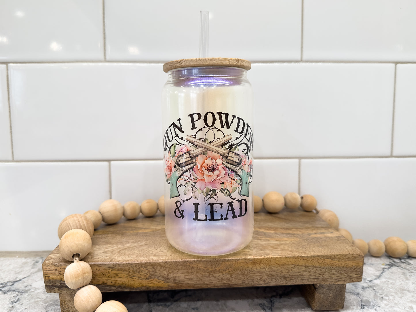 Gun Powder & Lead | 16 oz Can Glass with Bamboo Lid | Blue Iridescent | Glass Drinkware