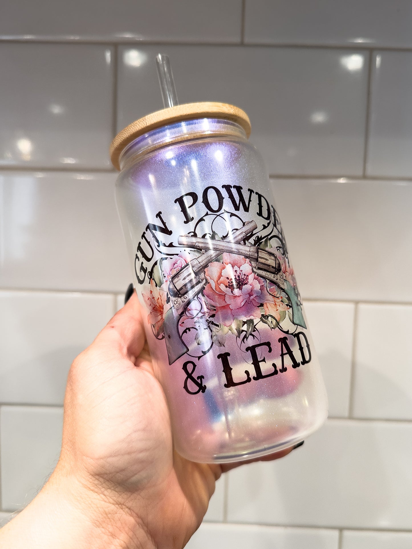 Gun Powder & Lead | 16 oz Can Glass with Bamboo Lid | Blue Iridescent | Glass Drinkware