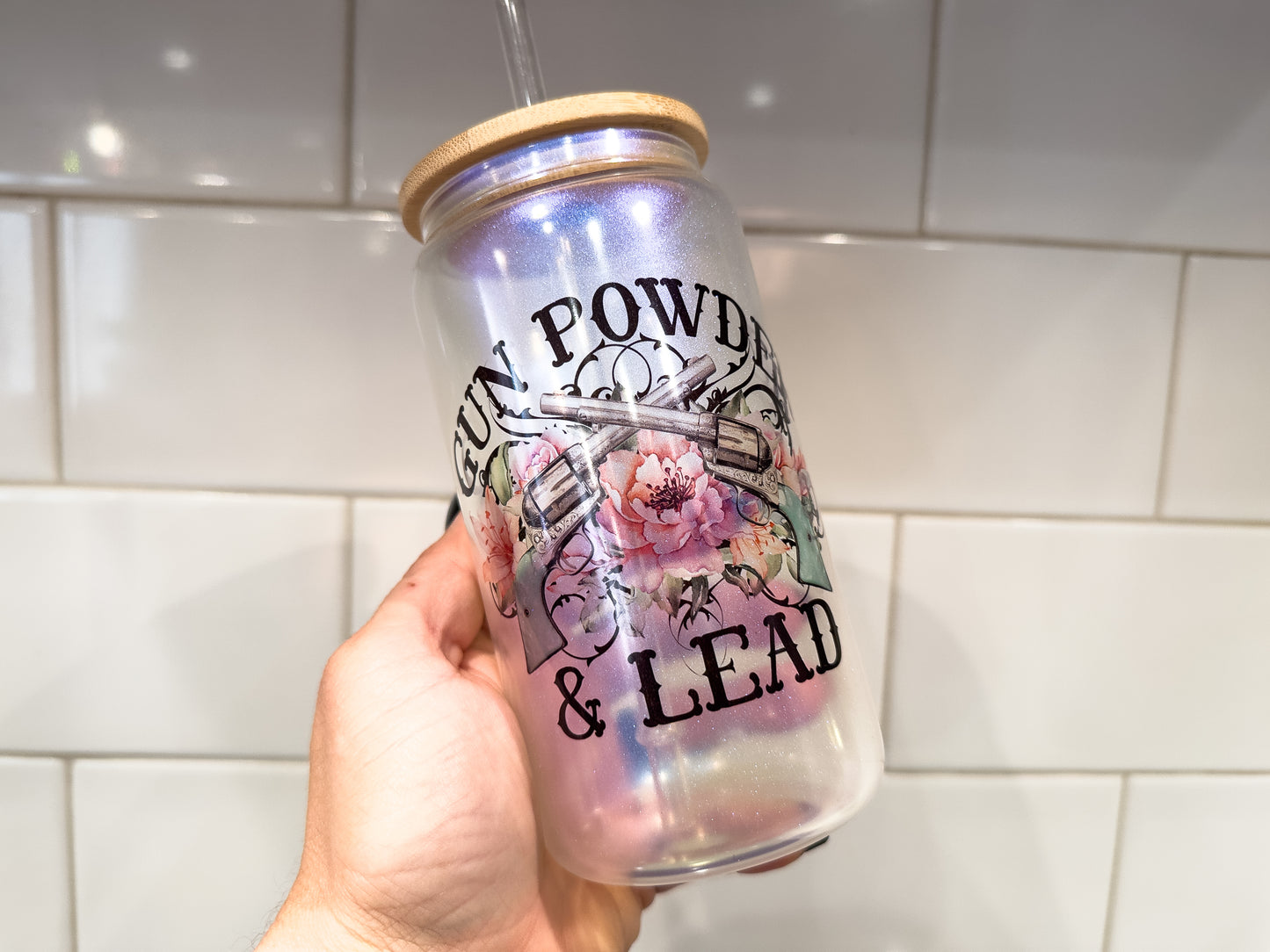 Gun Powder & Lead | 16 oz Can Glass with Bamboo Lid | Blue Iridescent | Glass Drinkware