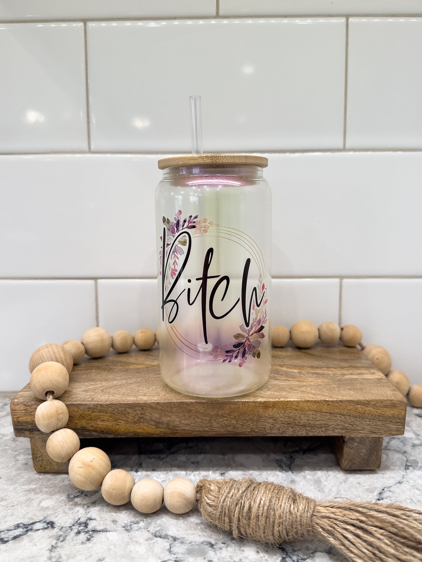 B!tch | Sweary | 16 oz Can Glass with Bamboo Lid | Purple Iridescent | Glass Drinkware