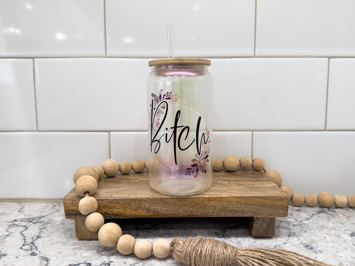 B!tch | Sweary | 16 oz Can Glass with Bamboo Lid | Purple Iridescent | Glass Drinkware