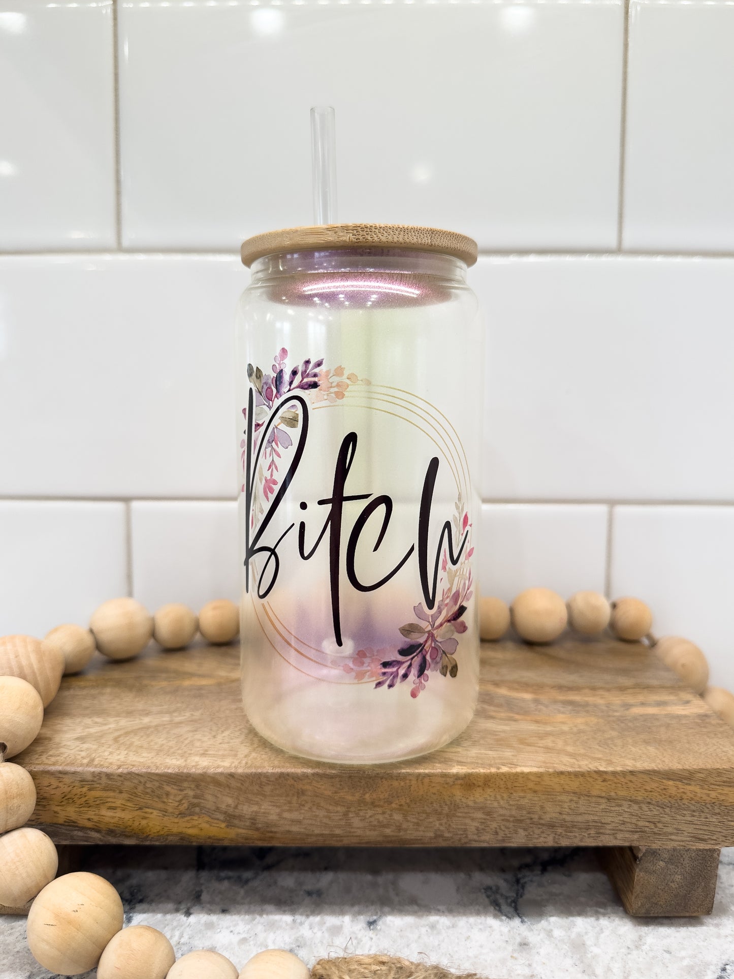B!tch | Sweary | 16 oz Can Glass with Bamboo Lid | Purple Iridescent | Glass Drinkware