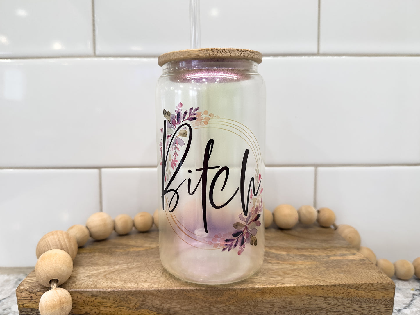 B!tch | Sweary | 16 oz Can Glass with Bamboo Lid | Purple Iridescent | Glass Drinkware