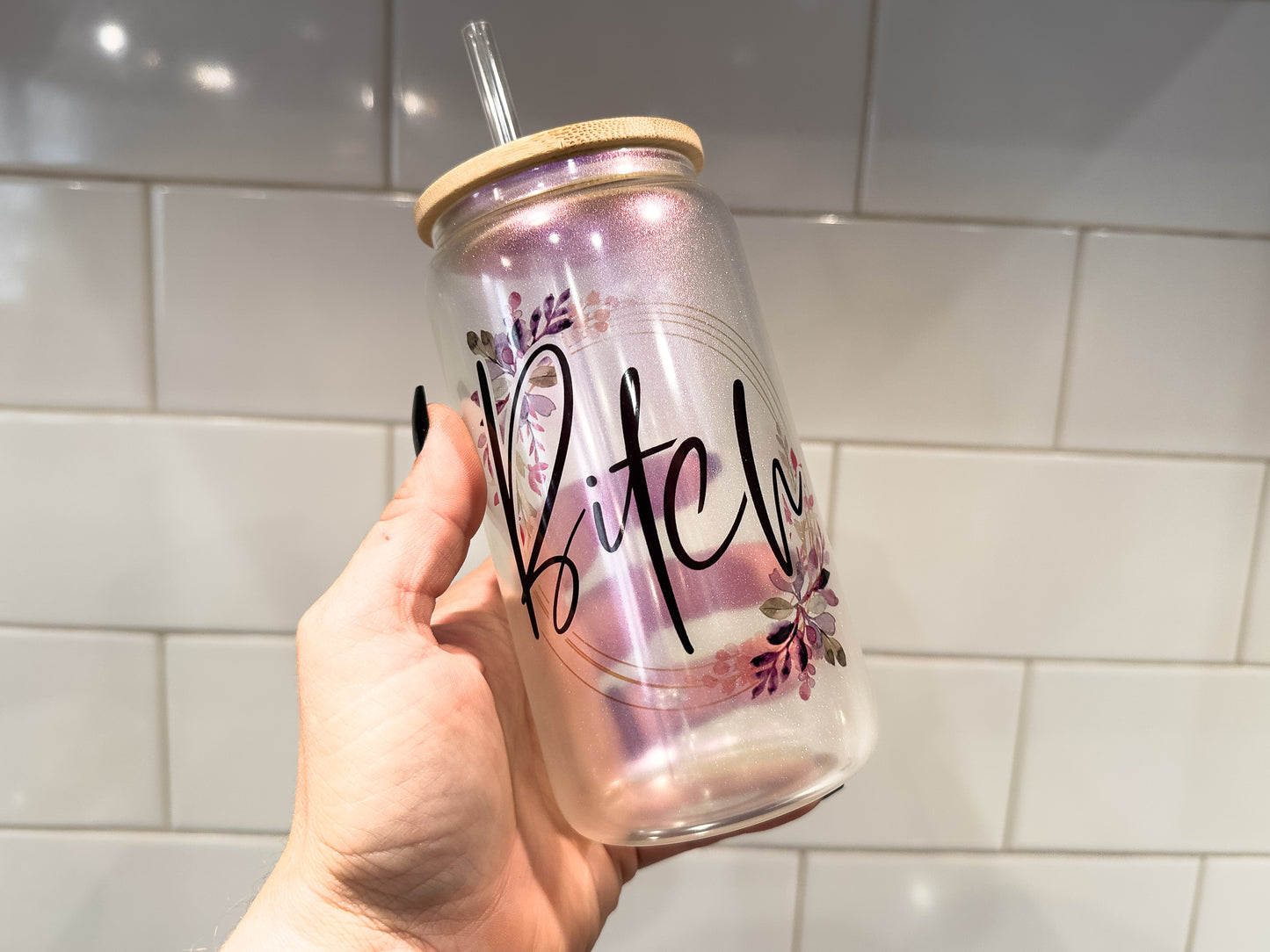 B!tch | Sweary | 16 oz Can Glass with Bamboo Lid | Purple Iridescent | Glass Drinkware