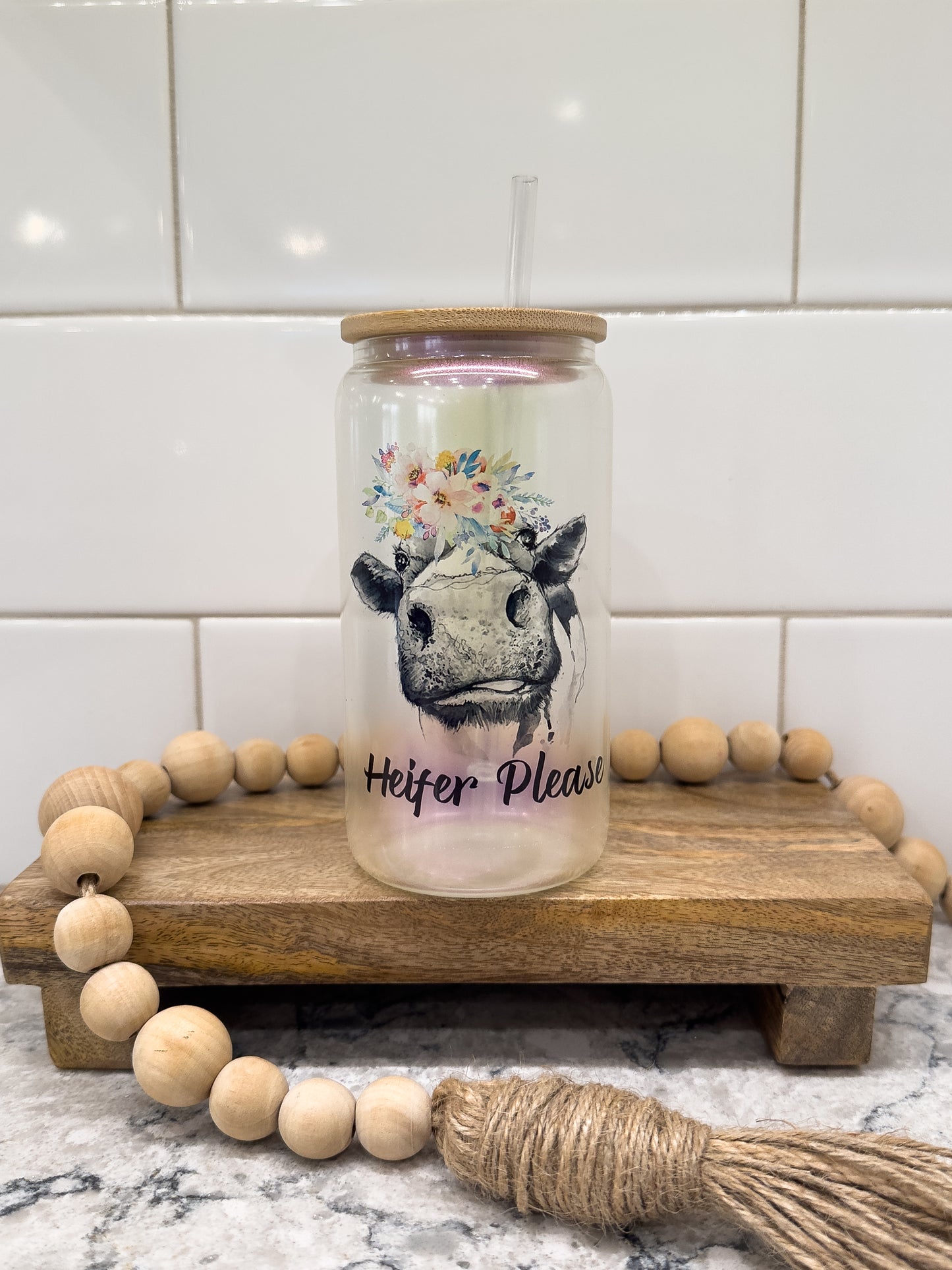 Heifer Please | Cow Lover | 16 oz Can Glass with Bamboo Lid | Purple Iridescent | Glass Drinkware