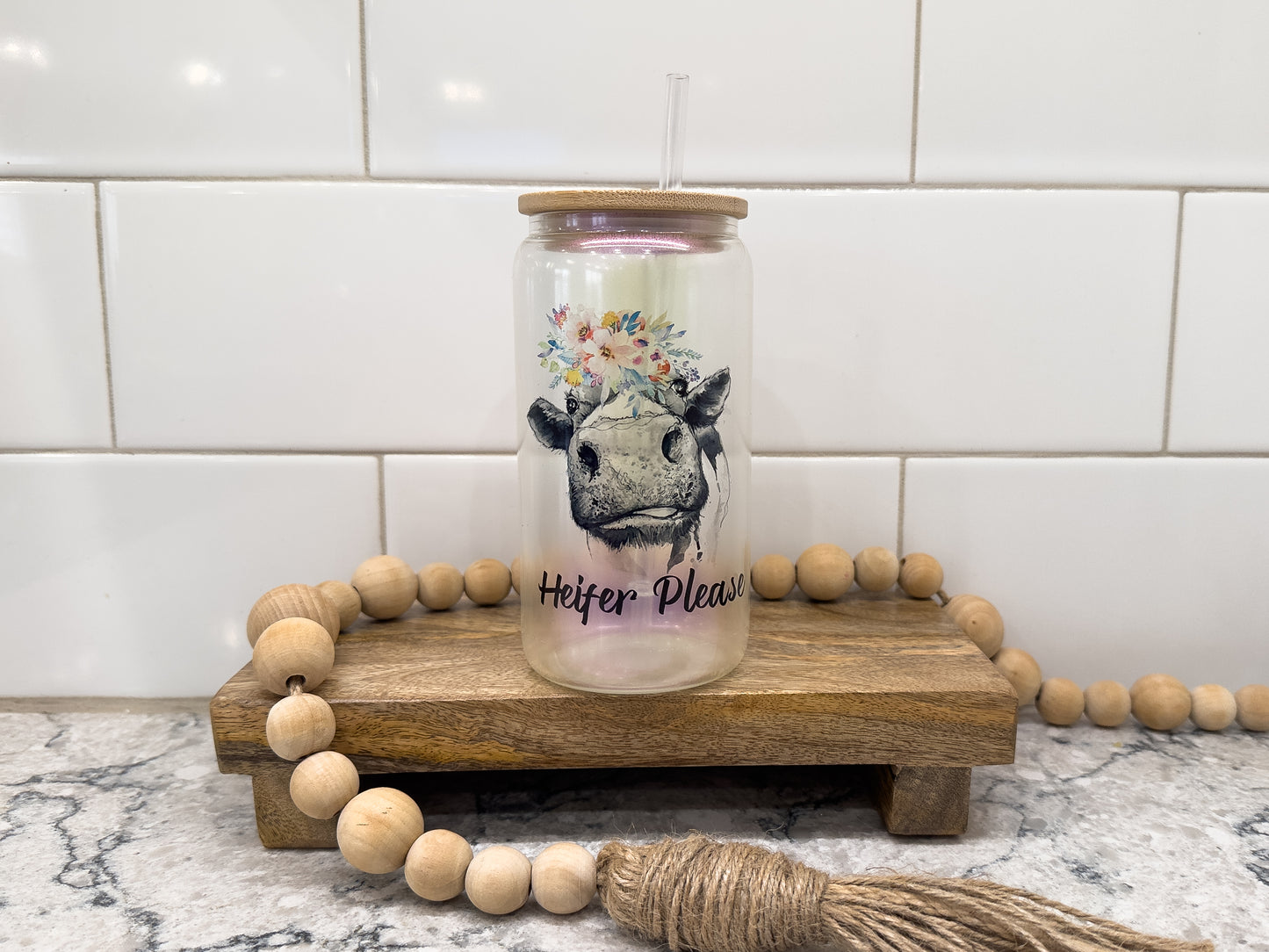 Heifer Please | Cow Lover | 16 oz Can Glass with Bamboo Lid | Purple Iridescent | Glass Drinkware