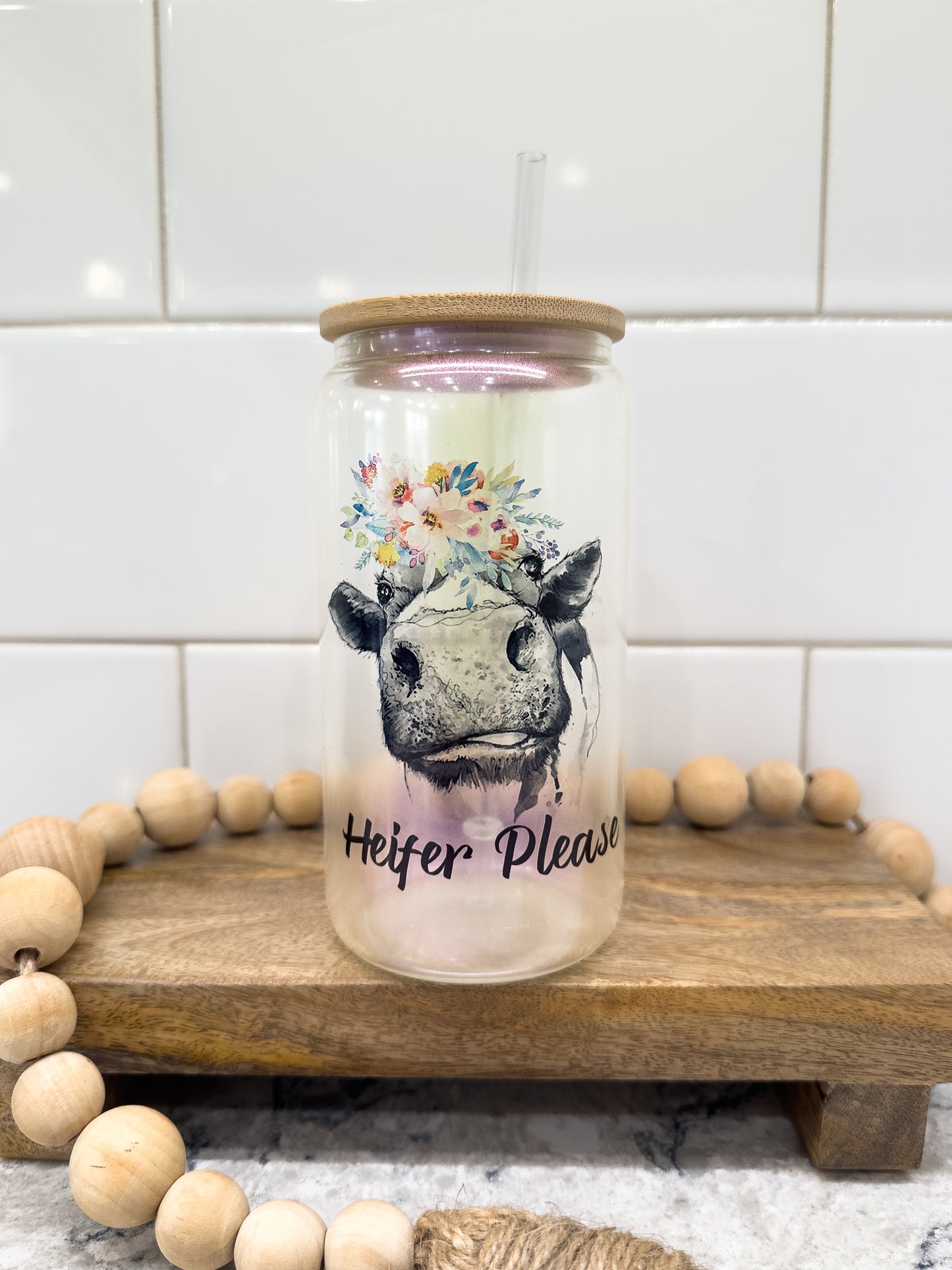 Heifer Please | Cow Lover | 16 oz Can Glass with Bamboo Lid | Purple Iridescent | Glass Drinkware