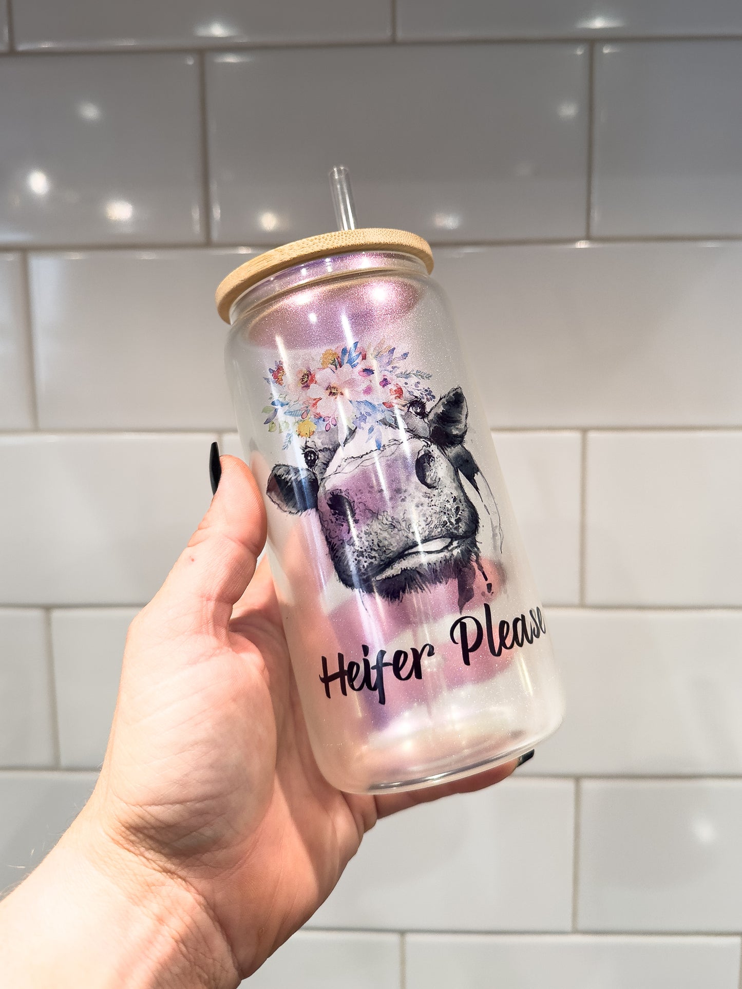 Heifer Please | Cow Lover | 16 oz Can Glass with Bamboo Lid | Purple Iridescent | Glass Drinkware