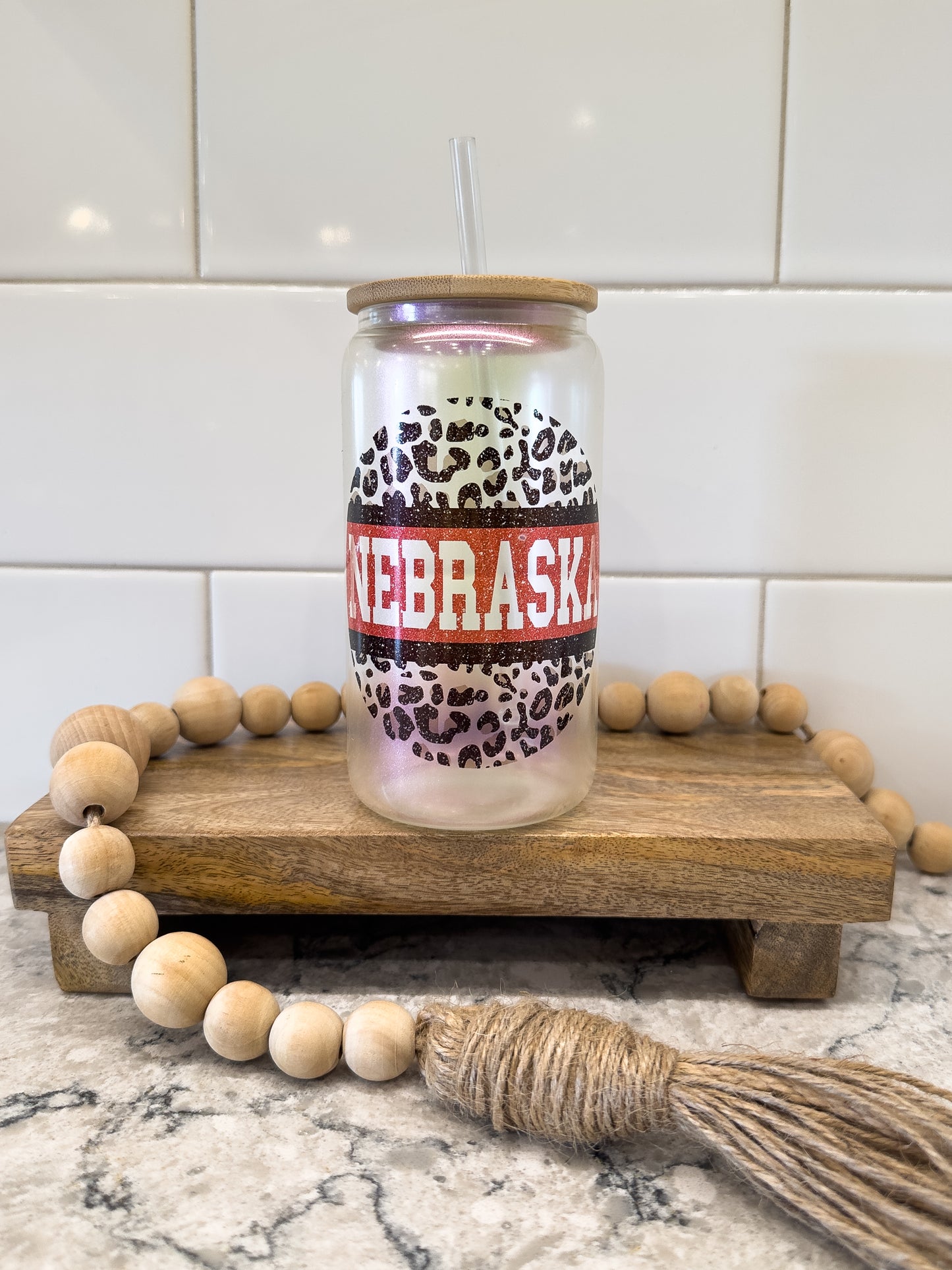 Nebraska Leopard | 16 oz Can Glass with Bamboo Lid | Purple Iridescent | Glass Drinkware