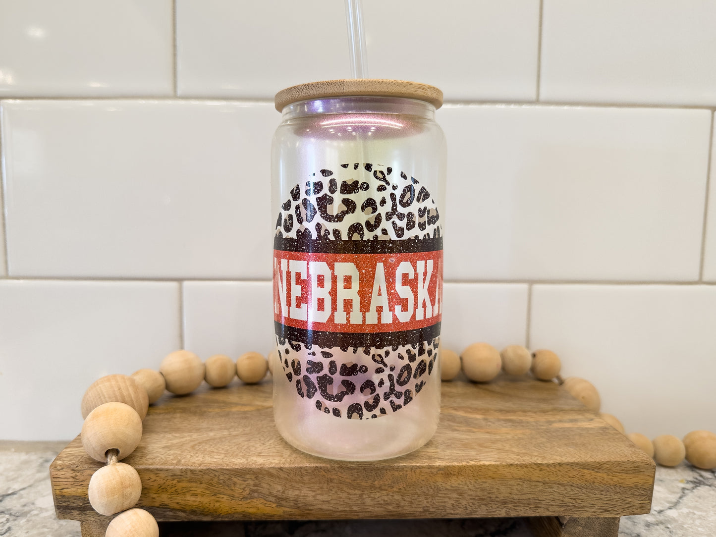 Nebraska Leopard | 16 oz Can Glass with Bamboo Lid | Purple Iridescent | Glass Drinkware