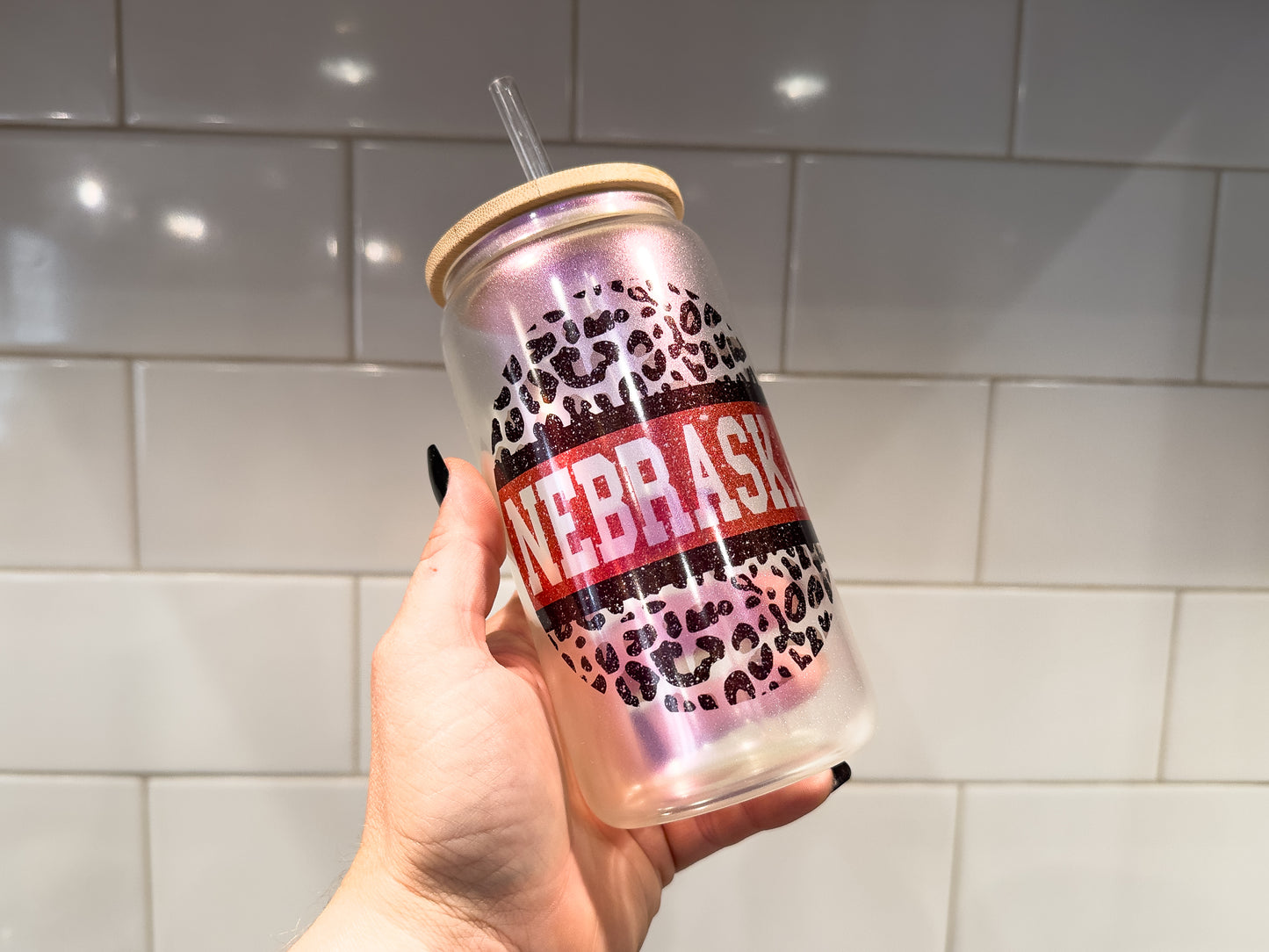 Nebraska Leopard | 16 oz Can Glass with Bamboo Lid | Purple Iridescent | Glass Drinkware