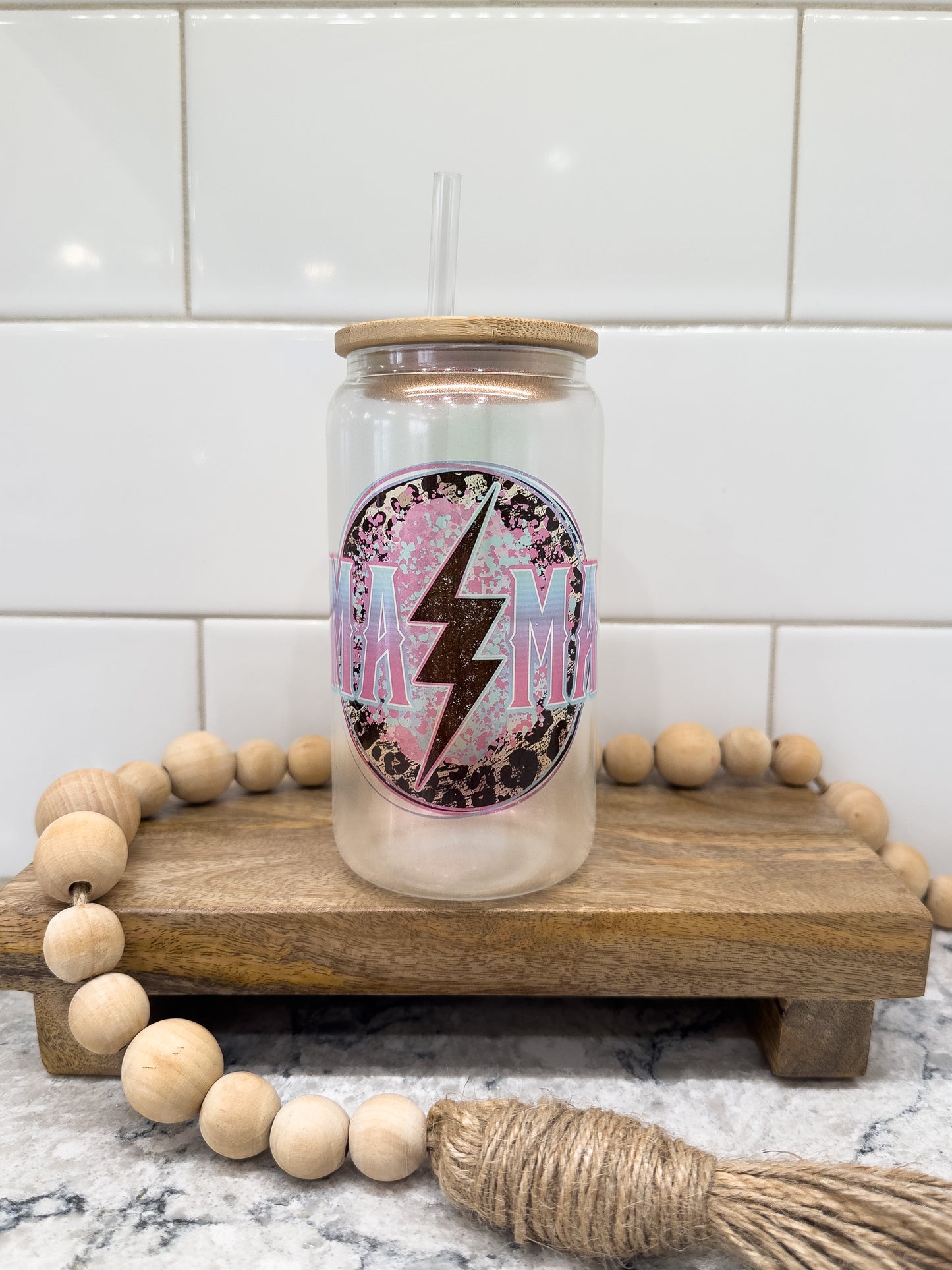 Mama Grunge Lightning | 16 oz Can Glass with Bamboo Lid | Purple Iridescent | Glass Drinkware