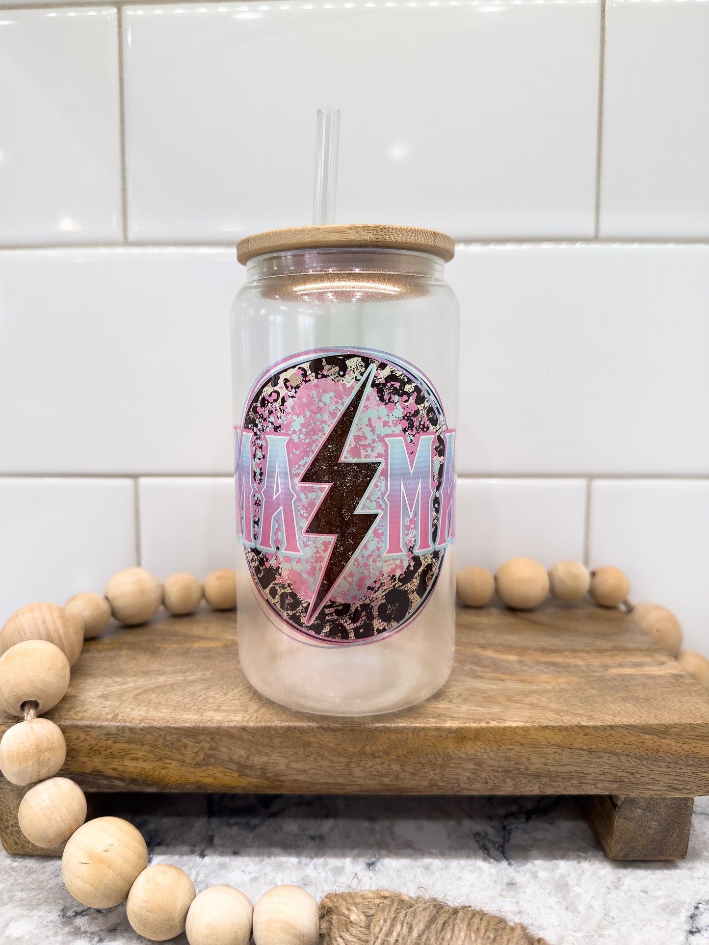 Mama Grunge Lightning | 16 oz Can Glass with Bamboo Lid | Purple Iridescent | Glass Drinkware