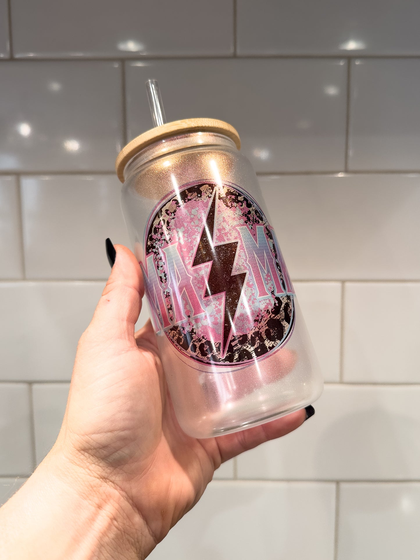 Mama Grunge Lightning | 16 oz Can Glass with Bamboo Lid | Purple Iridescent | Glass Drinkware