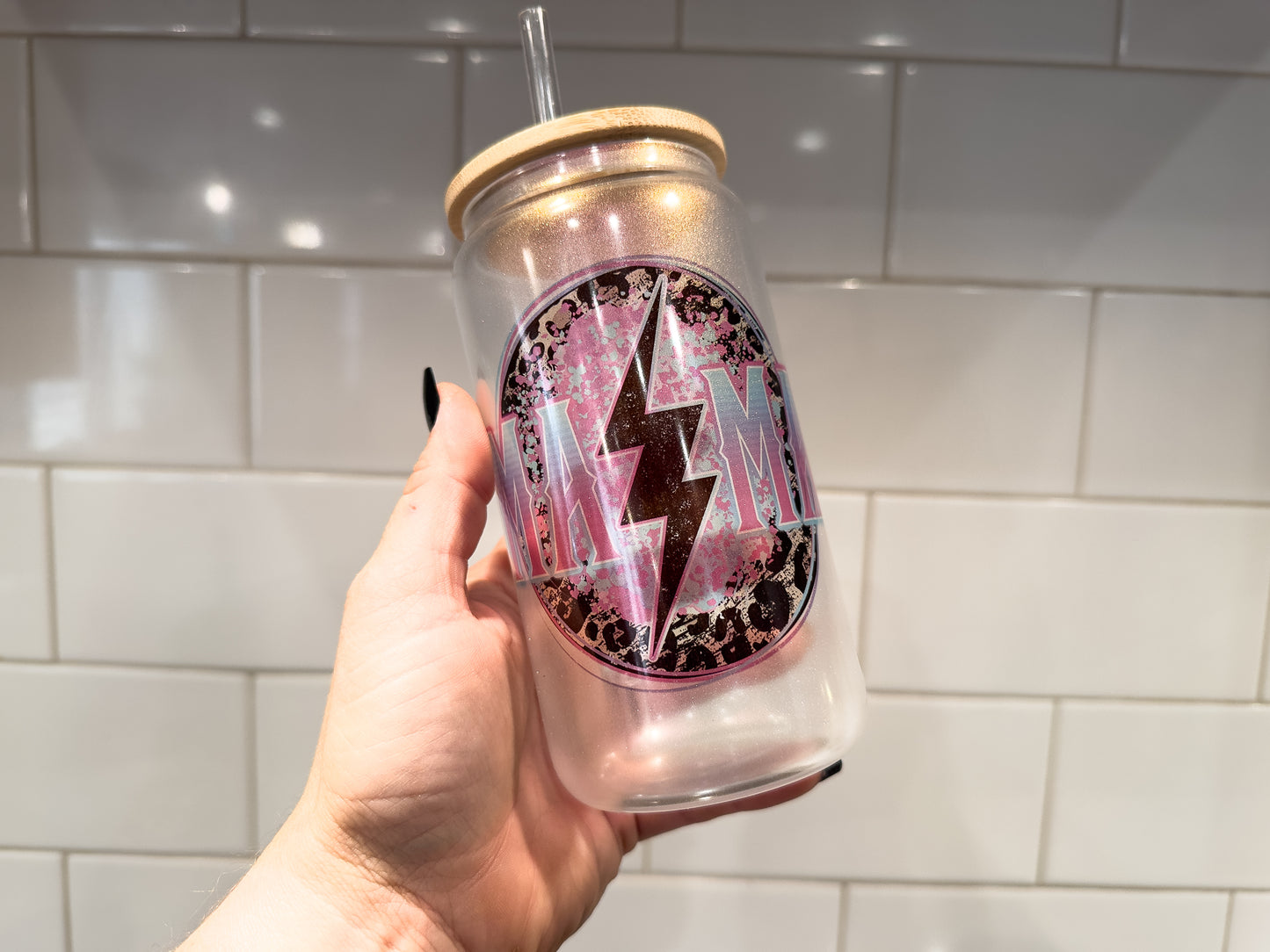 Mama Grunge Lightning | 16 oz Can Glass with Bamboo Lid | Purple Iridescent | Glass Drinkware