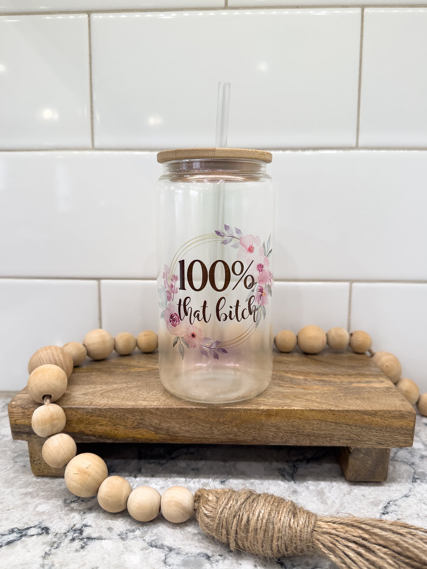 100% That B!itch | Sweary | 16 oz Can Glass with Bamboo Lid | Purple Iridescent | Glass Drinkware