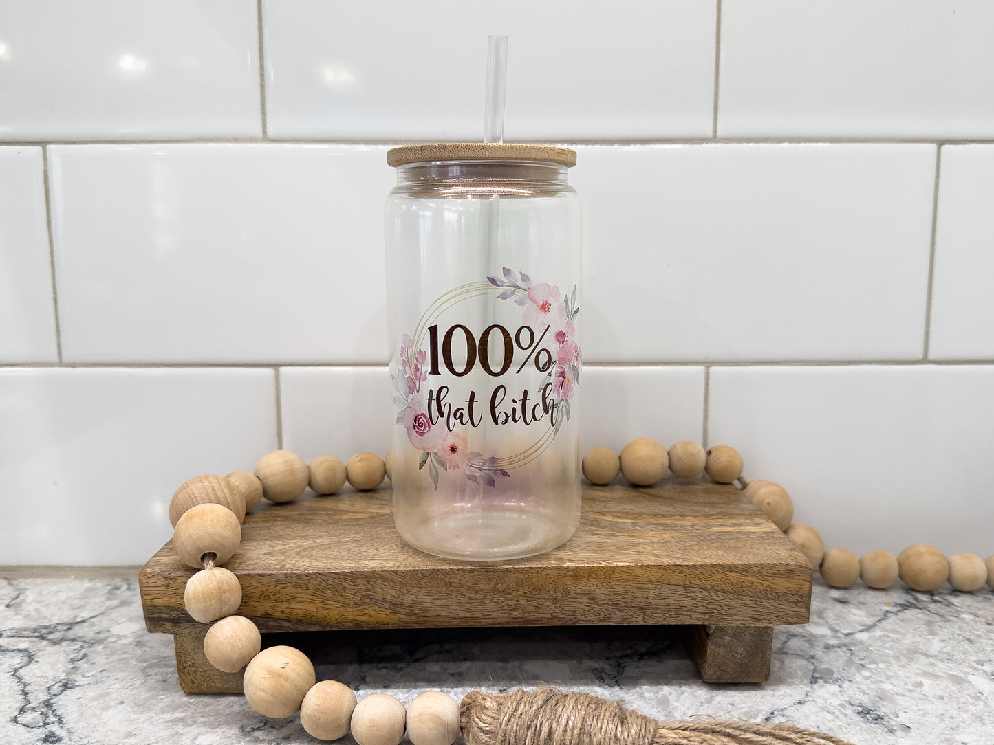 100% That B!itch | Sweary | 16 oz Can Glass with Bamboo Lid | Purple Iridescent | Glass Drinkware