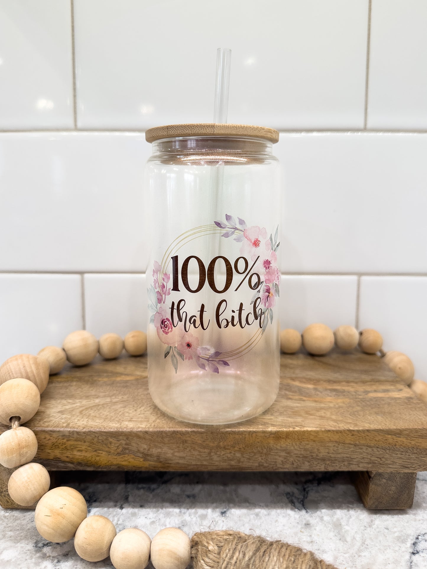 100% That B!itch | Sweary | 16 oz Can Glass with Bamboo Lid | Purple Iridescent | Glass Drinkware