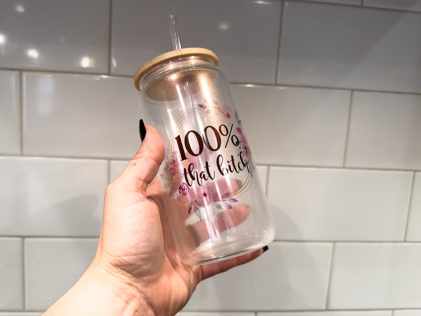 100% That B!itch | Sweary | 16 oz Can Glass with Bamboo Lid | Purple Iridescent | Glass Drinkware