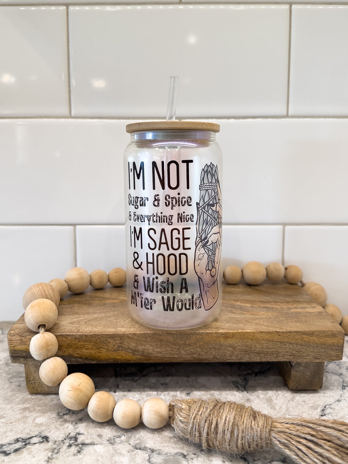 Sage & Hood | 16 oz Can Glass with Bamboo Lid | Green Iridescent | Glass Drinkware