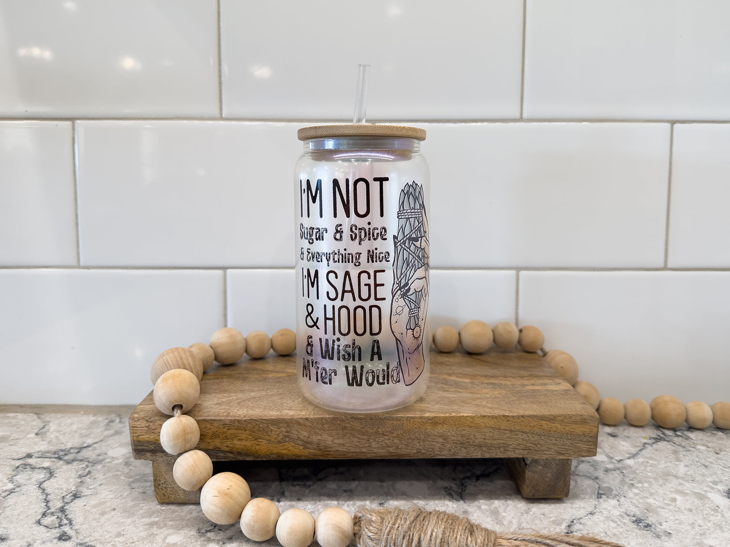 Sage & Hood | 16 oz Can Glass with Bamboo Lid | Green Iridescent | Glass Drinkware