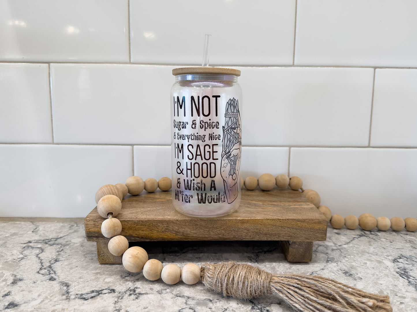 Sage & Hood | 16 oz Can Glass with Bamboo Lid | Green Iridescent | Glass Drinkware