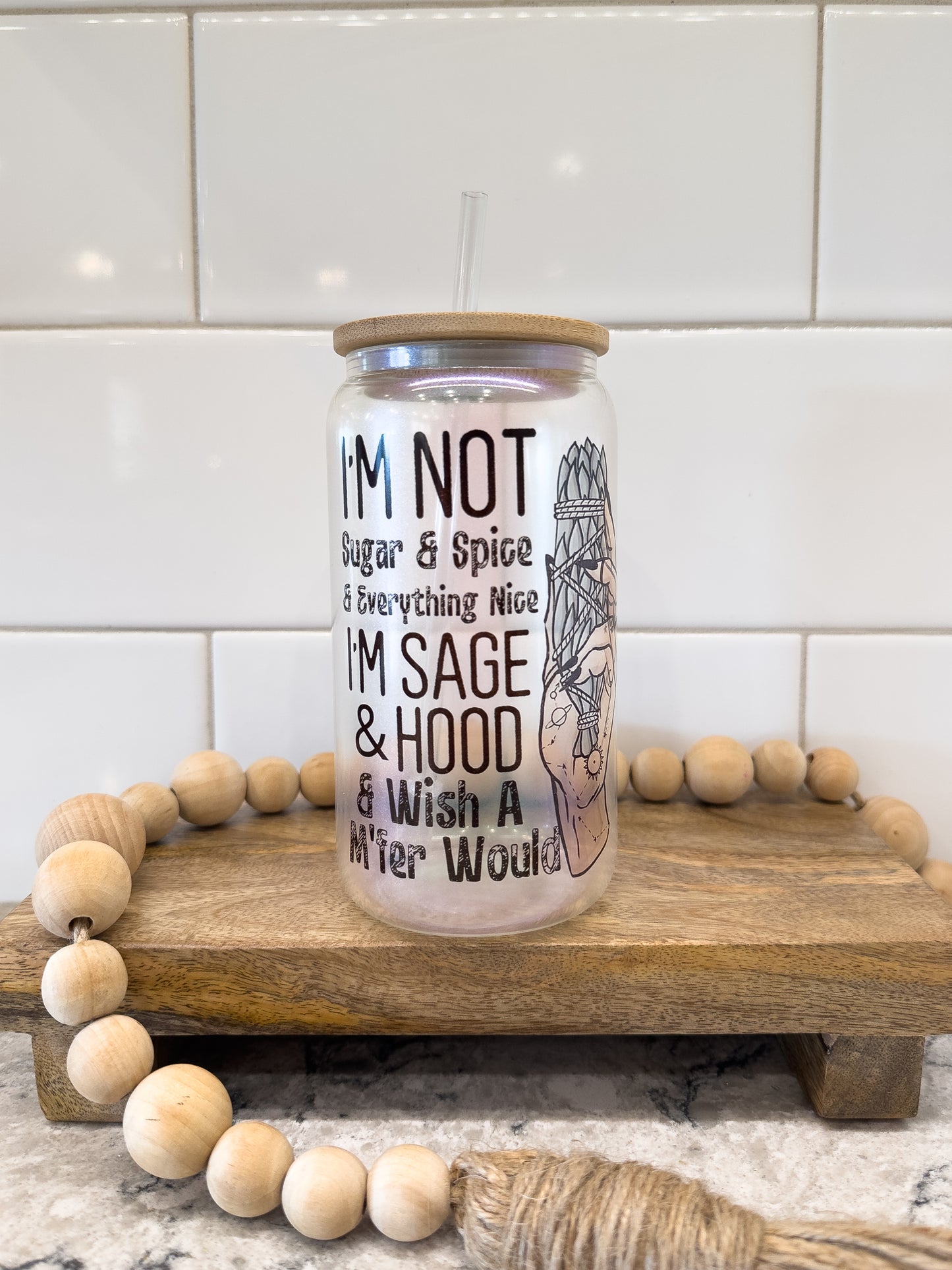 Sage & Hood | 16 oz Can Glass with Bamboo Lid | Green Iridescent | Glass Drinkware