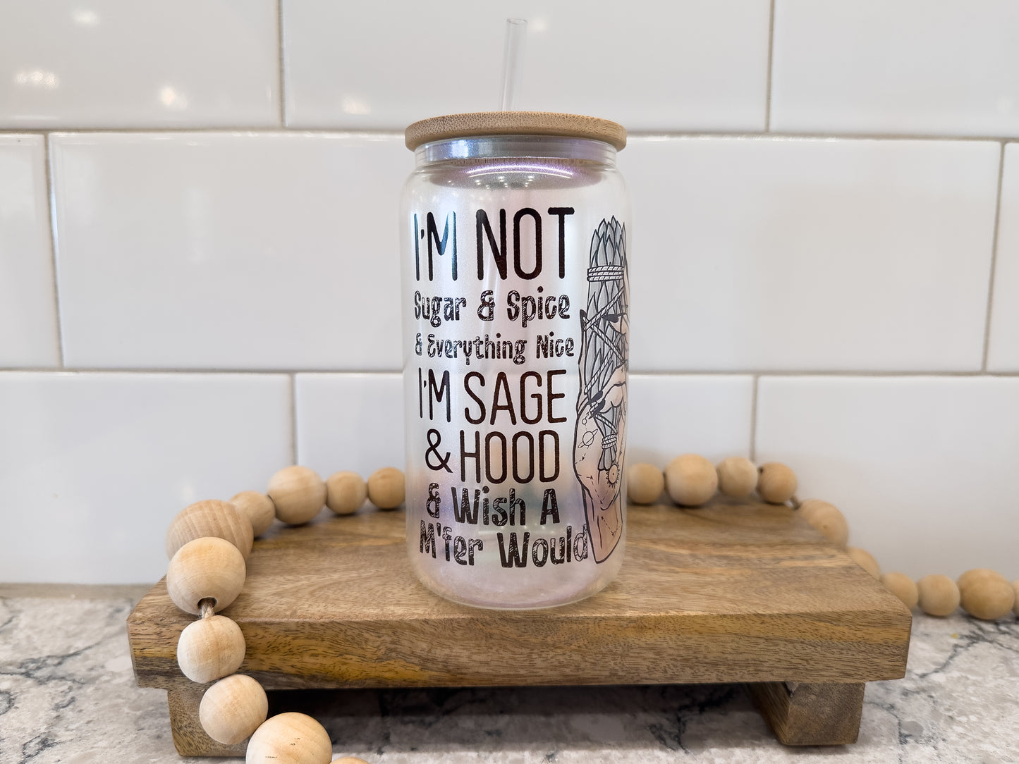 Sage & Hood | 16 oz Can Glass with Bamboo Lid | Green Iridescent | Glass Drinkware