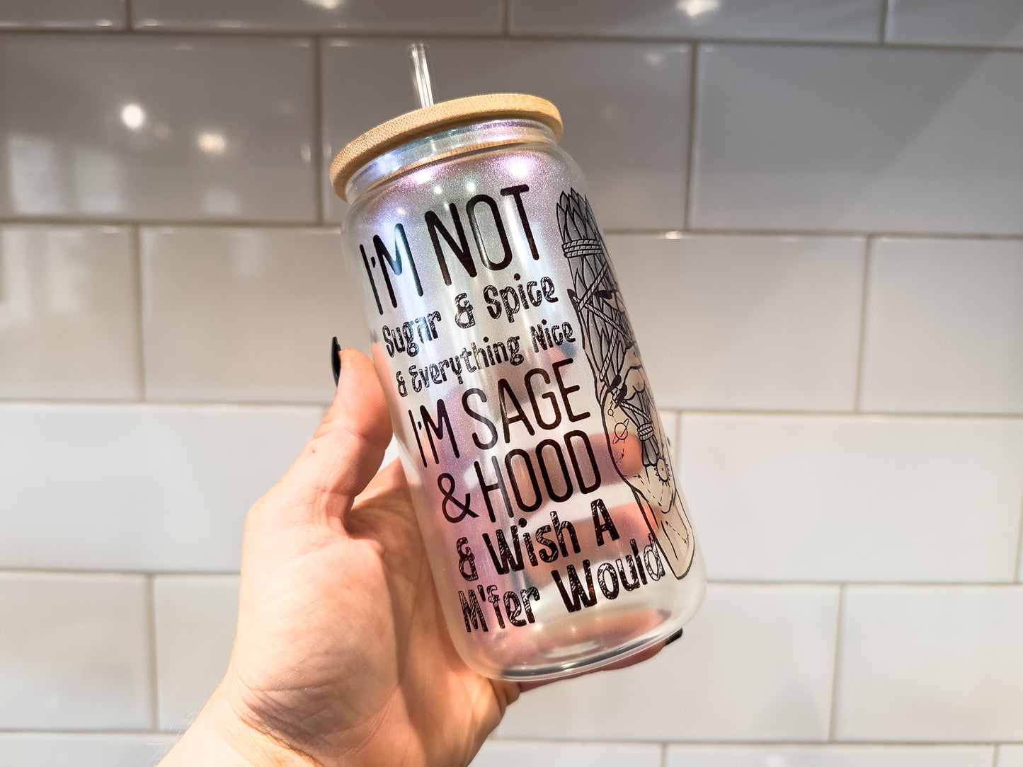 Sage & Hood | 16 oz Can Glass with Bamboo Lid | Green Iridescent | Glass Drinkware