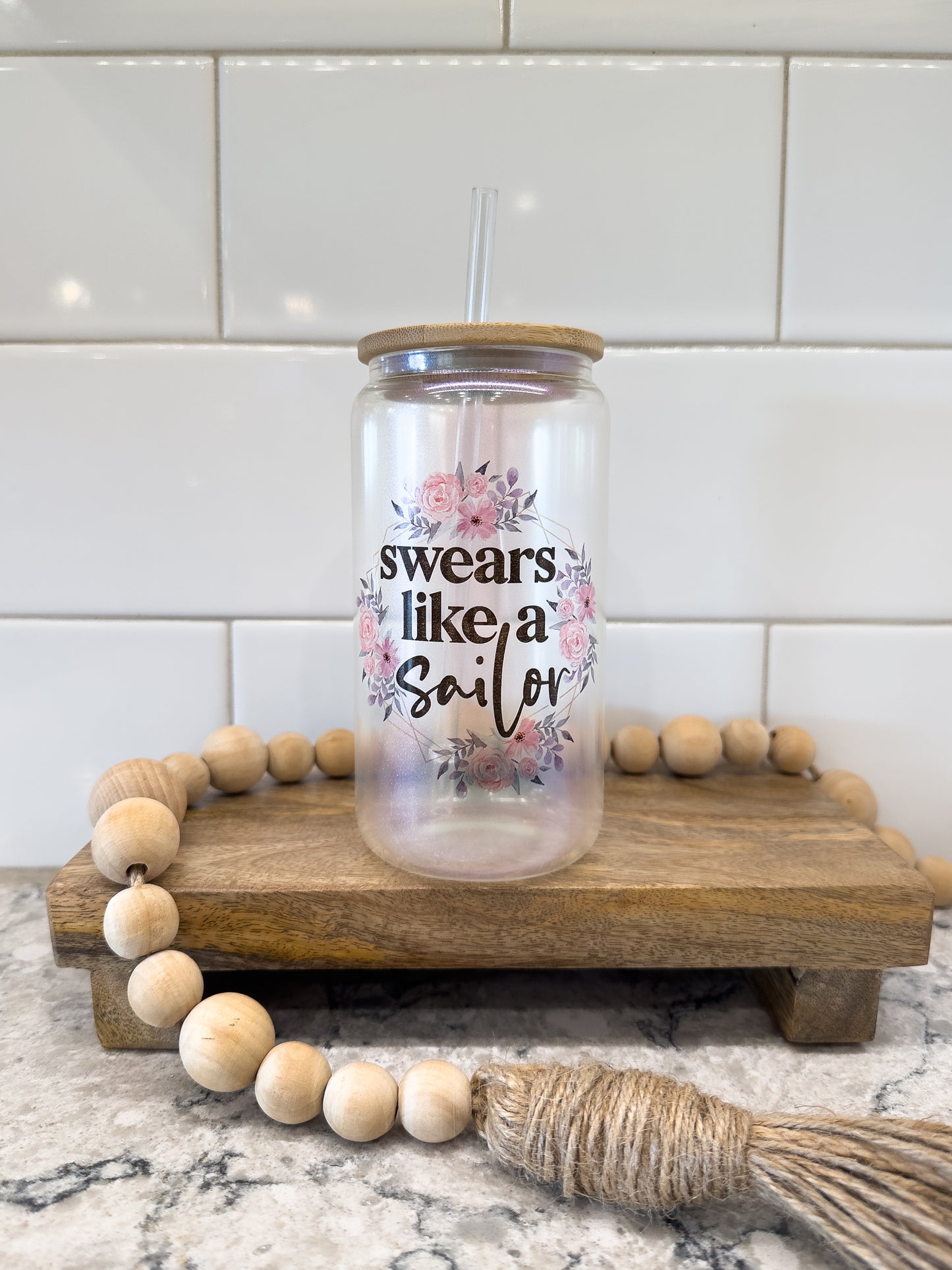 Swears Like A Sailor | 16 oz Can Glass with Bamboo Lid | Green Iridescent | Glass Drinkware