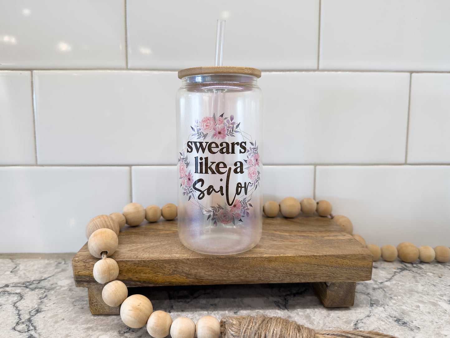 Swears Like A Sailor | 16 oz Can Glass with Bamboo Lid | Green Iridescent | Glass Drinkware