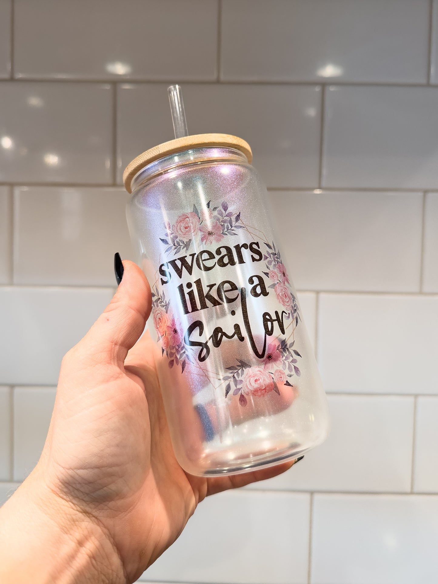 Swears Like A Sailor | 16 oz Can Glass with Bamboo Lid | Green Iridescent | Glass Drinkware