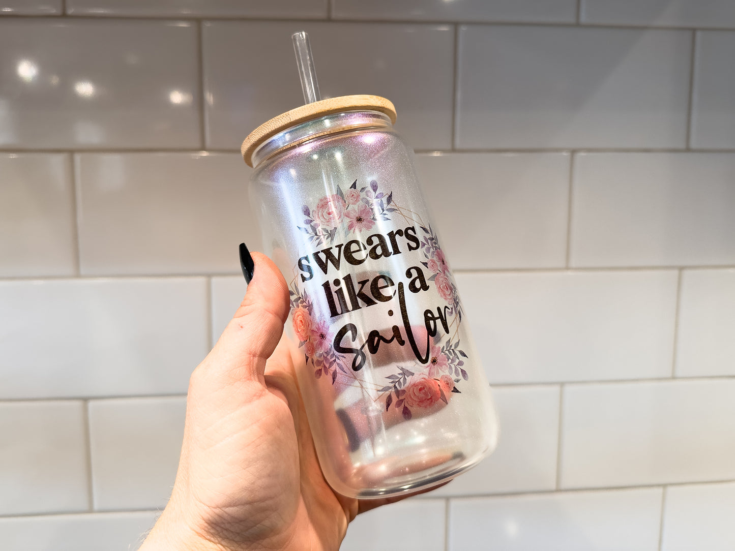 Swears Like A Sailor | 16 oz Can Glass with Bamboo Lid | Green Iridescent | Glass Drinkware
