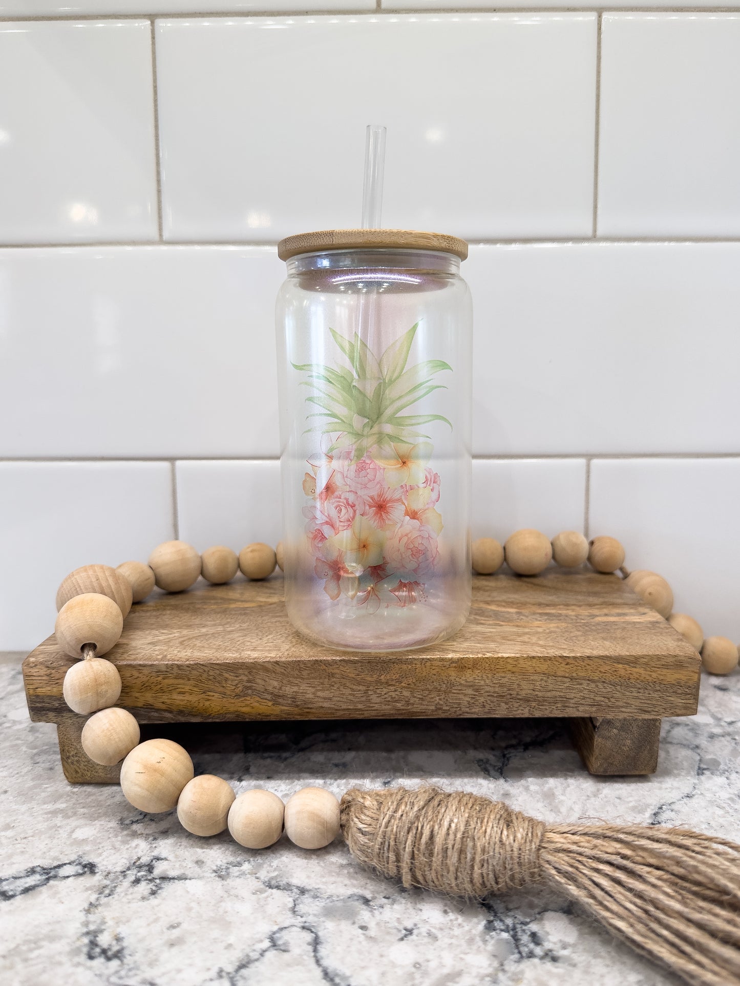 Floral Pineapple | 16 oz Can Glass with Bamboo Lid | Green Iridescent | Glass Drinkware | B Grade | Sale