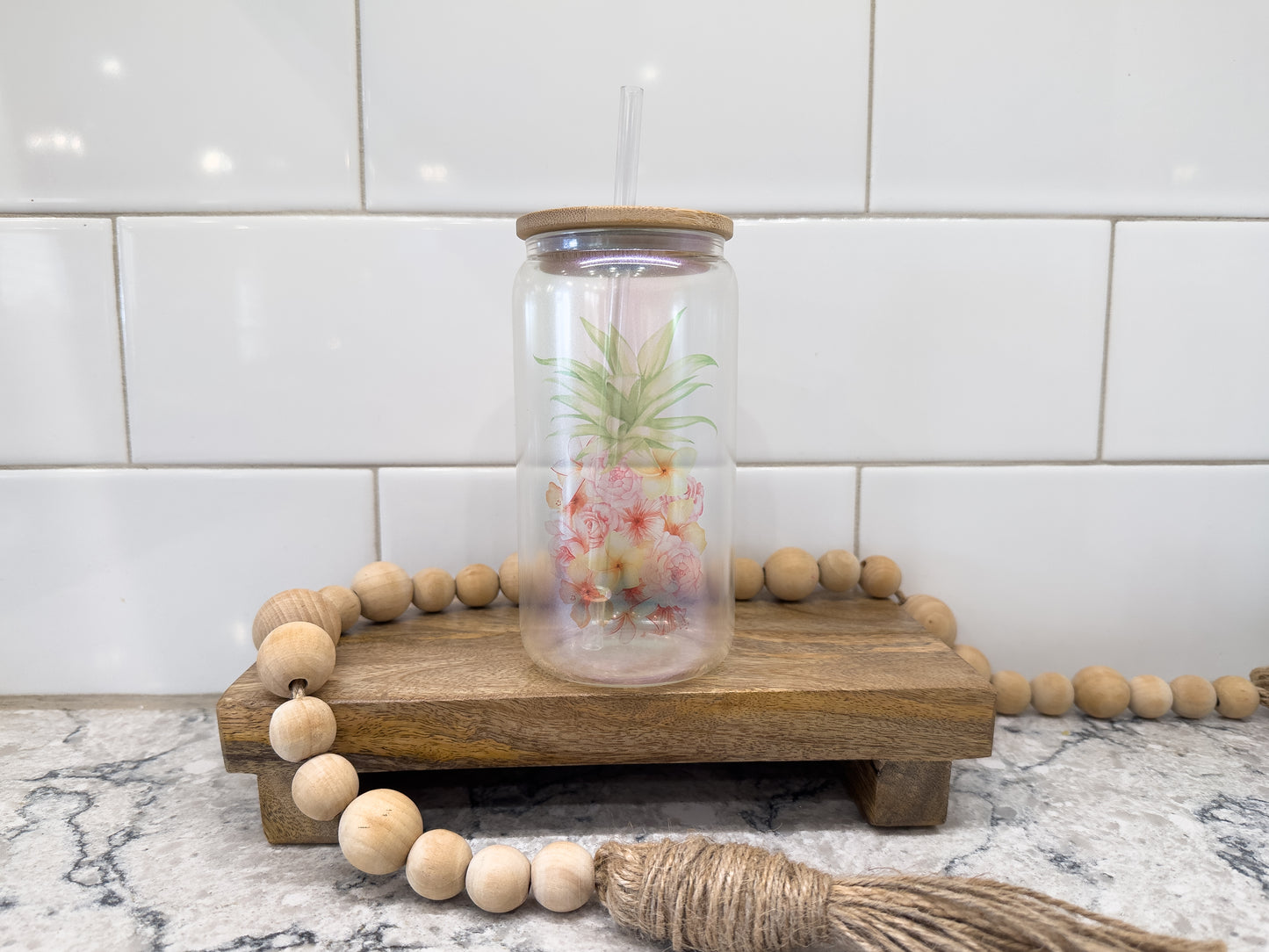 Floral Pineapple | 16 oz Can Glass with Bamboo Lid | Green Iridescent | Glass Drinkware | B Grade | Sale