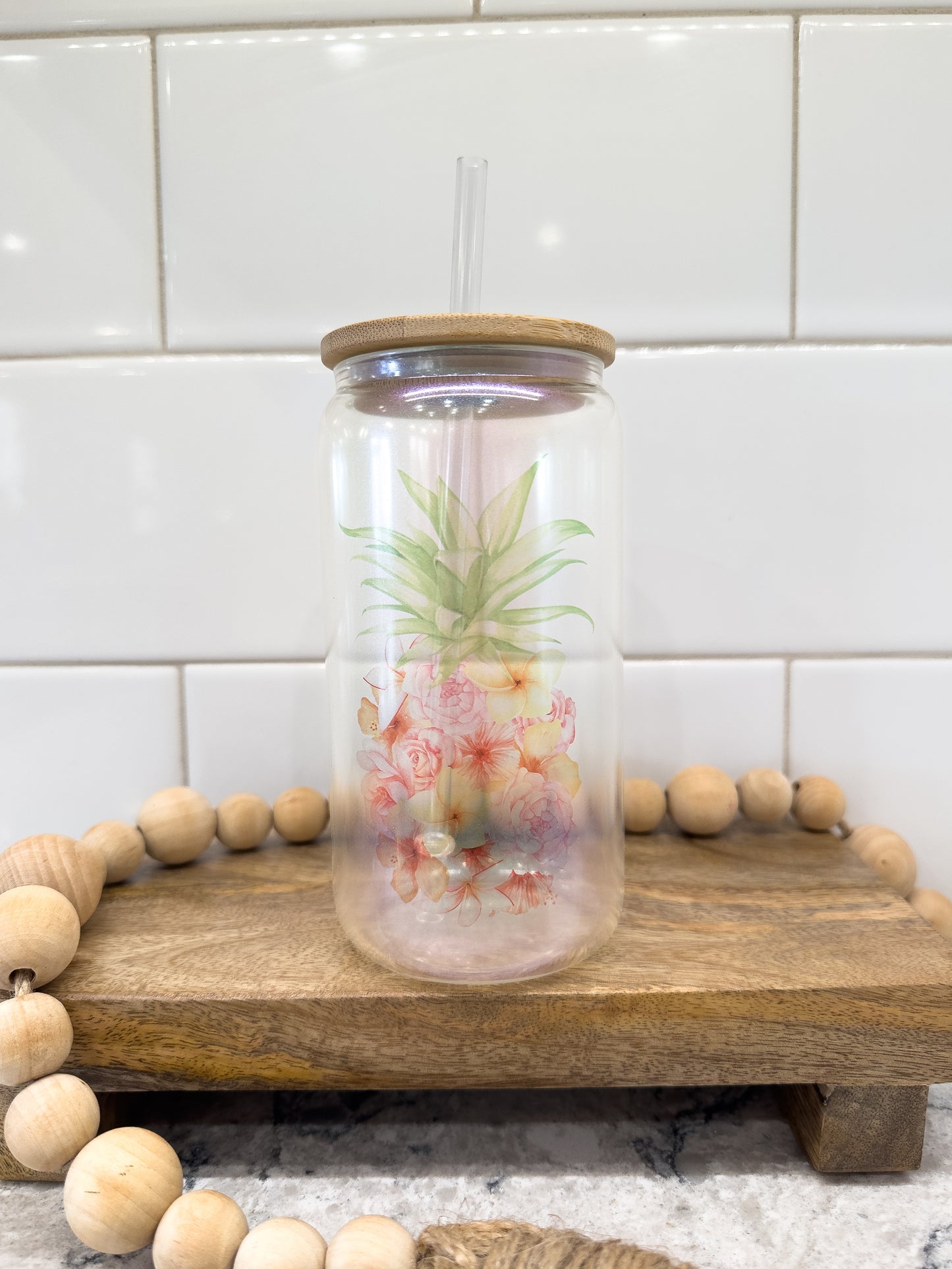 Floral Pineapple | 16 oz Can Glass with Bamboo Lid | Green Iridescent | Glass Drinkware | B Grade | Sale