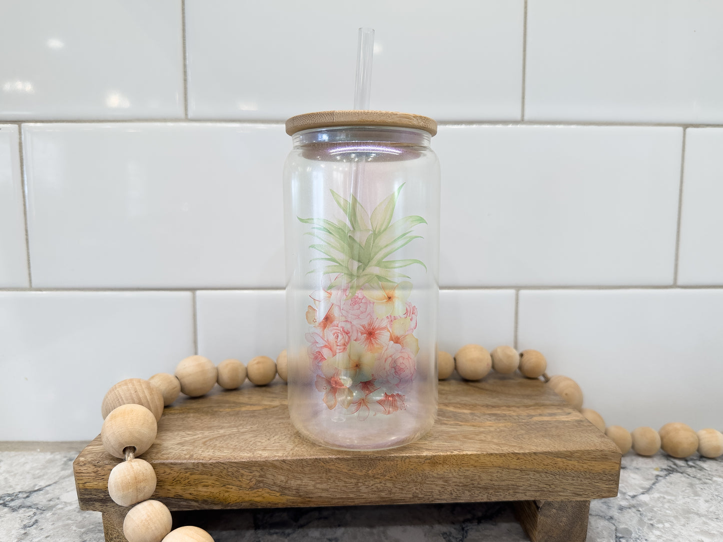 Floral Pineapple | 16 oz Can Glass with Bamboo Lid | Green Iridescent | Glass Drinkware | B Grade | Sale