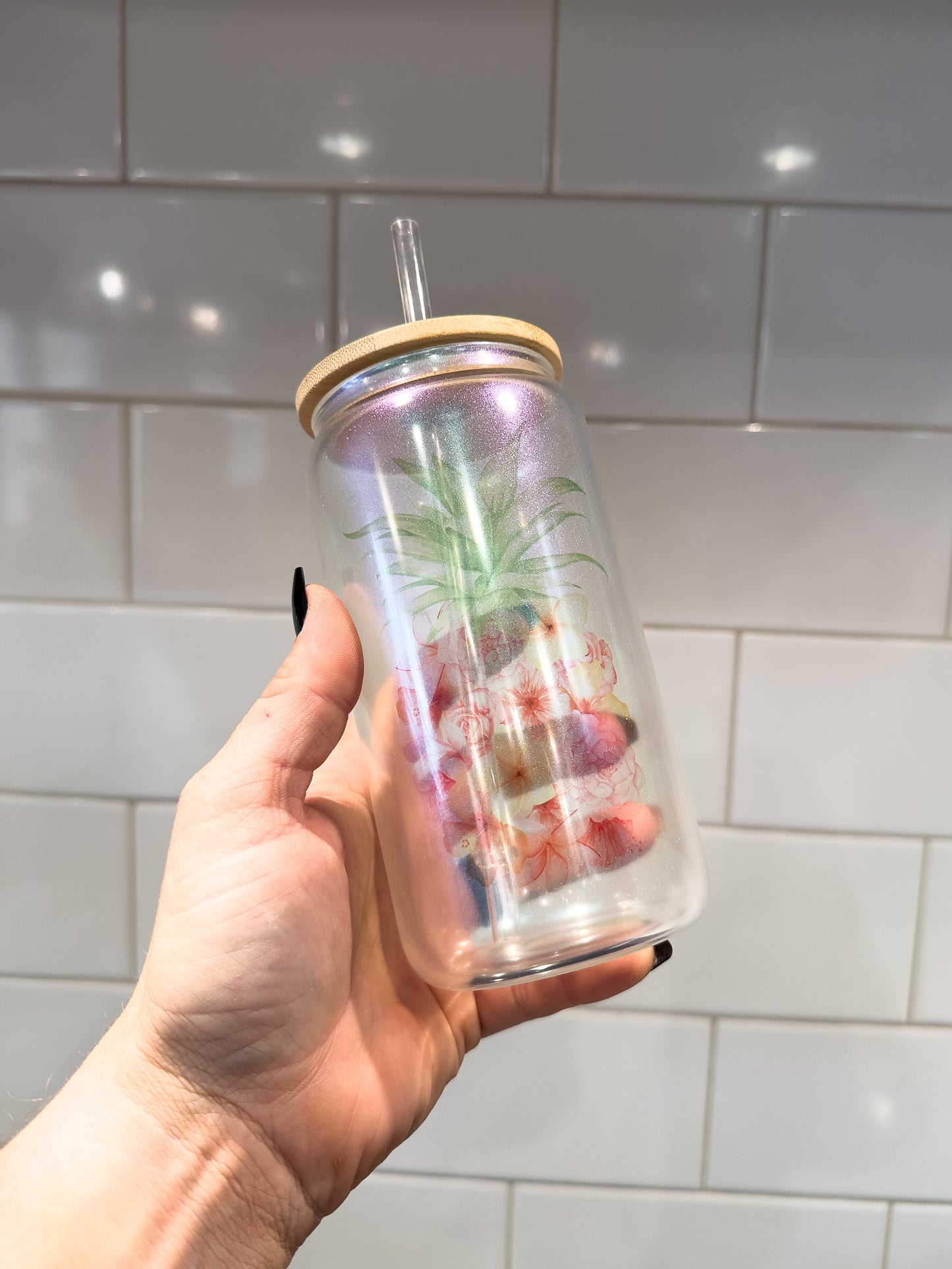 Floral Pineapple | 16 oz Can Glass with Bamboo Lid | Green Iridescent | Glass Drinkware | B Grade | Sale